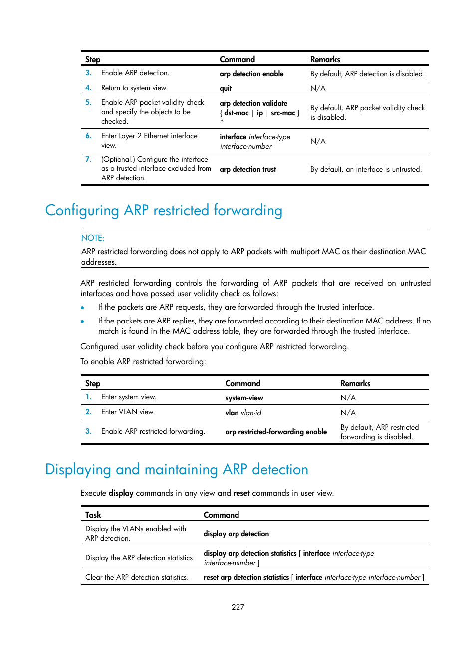 Configuring arp restricted forwarding, Displaying and maintaining arp detection | H3C Technologies H3C S12500-X Series Switches User Manual | Page 239 / 294