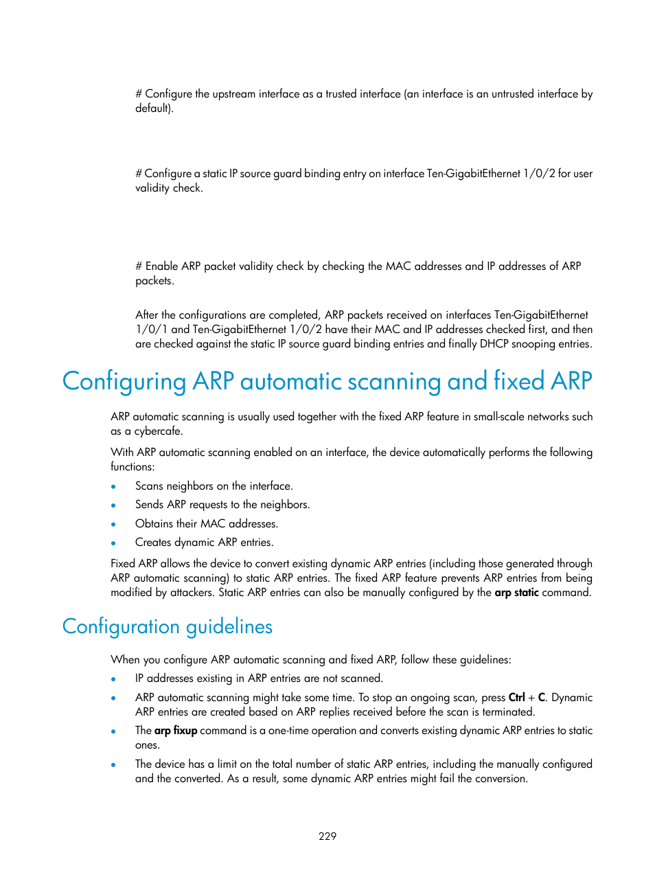 Configuring arp automatic scanning and fixed arp, Configuration guidelines | H3C Technologies H3C S12500-X Series Switches User Manual | Page 241 / 294