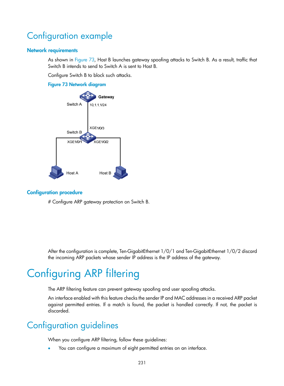How ssh works, Configuring arp filtering, Configuration example | Configuration guidelines | H3C Technologies H3C S12500-X Series Switches User Manual | Page 243 / 294