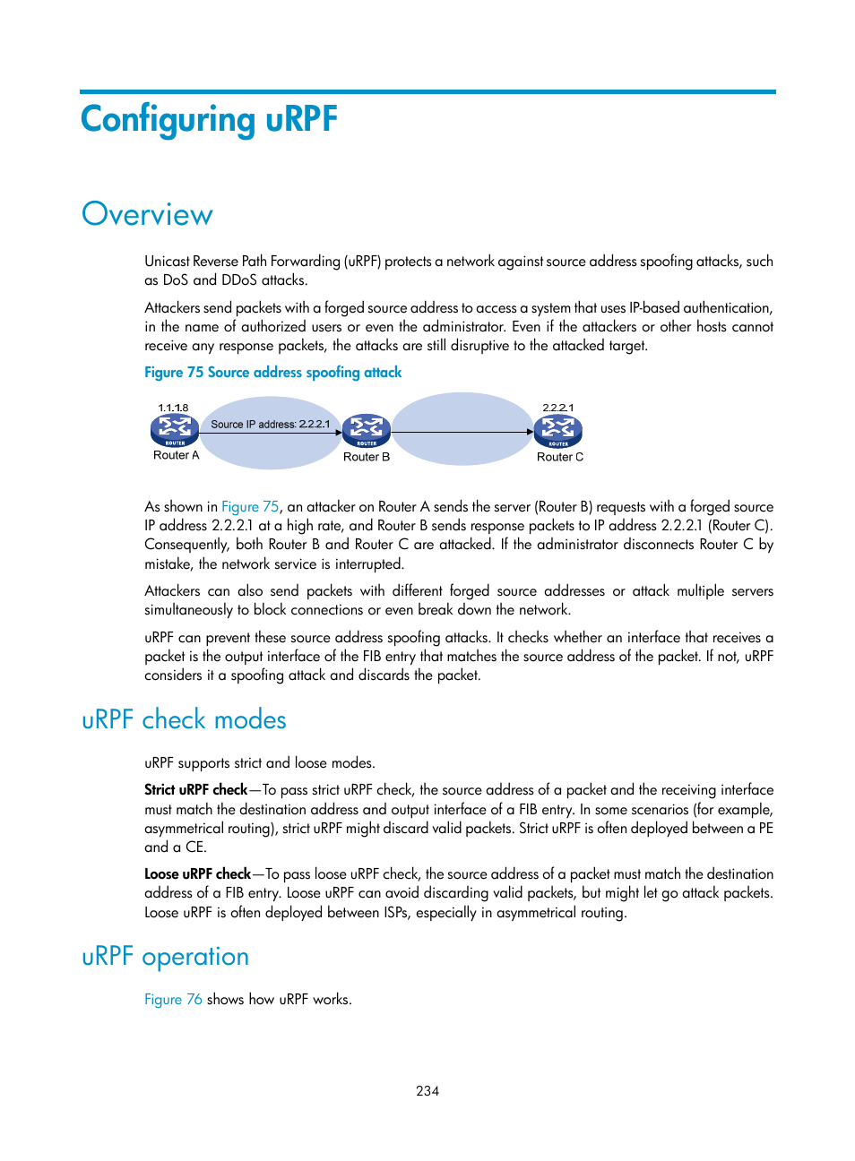 Generating local dsa or rsa key pairs, Configuring urpf, Overview | Urpf check modes, Urpf operation | H3C Technologies H3C S12500-X Series Switches User Manual | Page 246 / 294