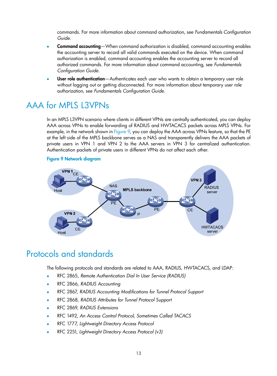 Aaa for mpls l3vpns, Protocols and standards | H3C Technologies H3C S12500-X Series Switches User Manual | Page 25 / 294