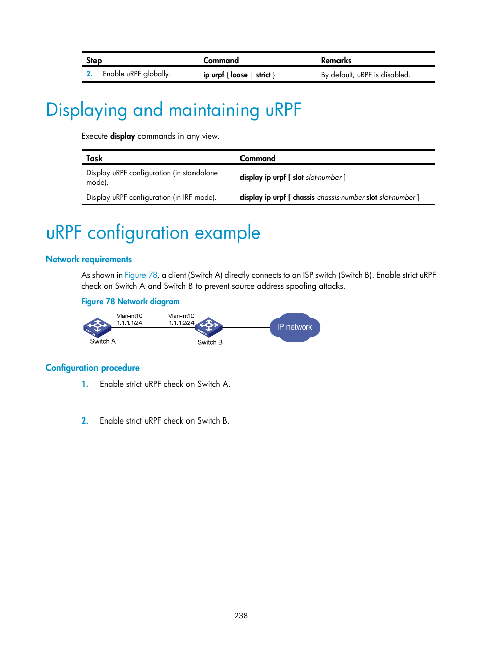 Configuring an ssh user, Displaying and maintaining urpf, Urpf configuration example | H3C Technologies H3C S12500-X Series Switches User Manual | Page 250 / 294