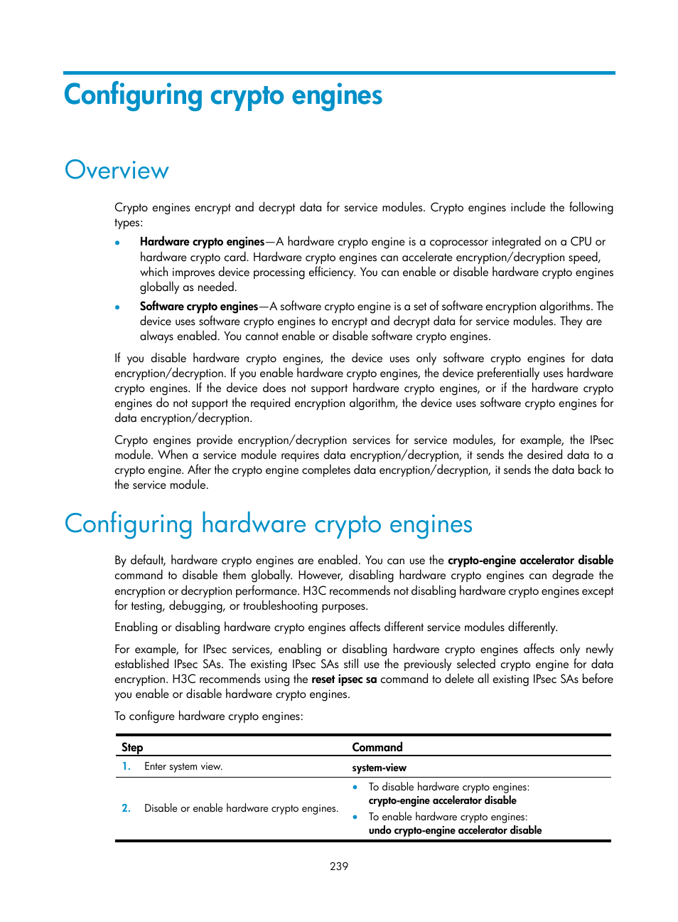 Setting the ssh management parameters, Configuring crypto engines, Overview | Configuring hardware crypto engines | H3C Technologies H3C S12500-X Series Switches User Manual | Page 251 / 294