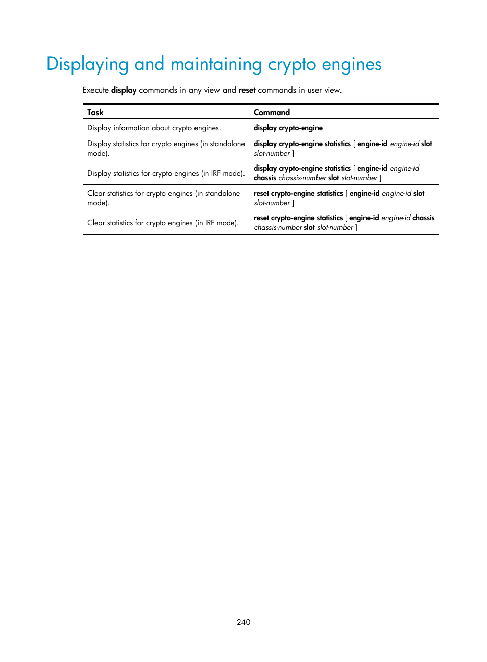 Displaying and maintaining crypto engines | H3C Technologies H3C S12500-X Series Switches User Manual | Page 252 / 294