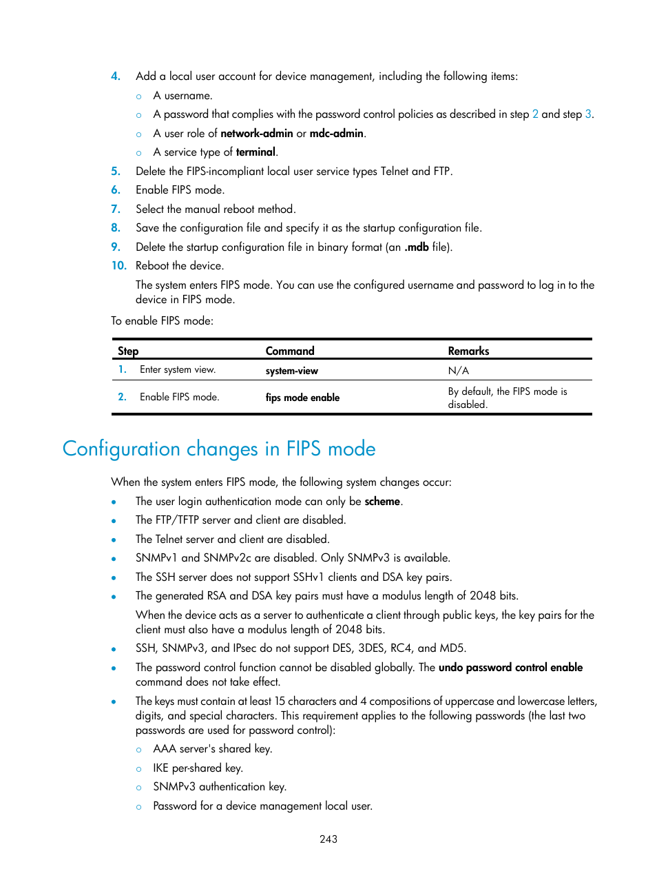 Configuration changes in fips mode | H3C Technologies H3C S12500-X Series Switches User Manual | Page 255 / 294