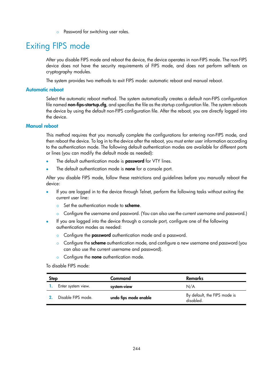 Exiting fips mode | H3C Technologies H3C S12500-X Series Switches User Manual | Page 256 / 294