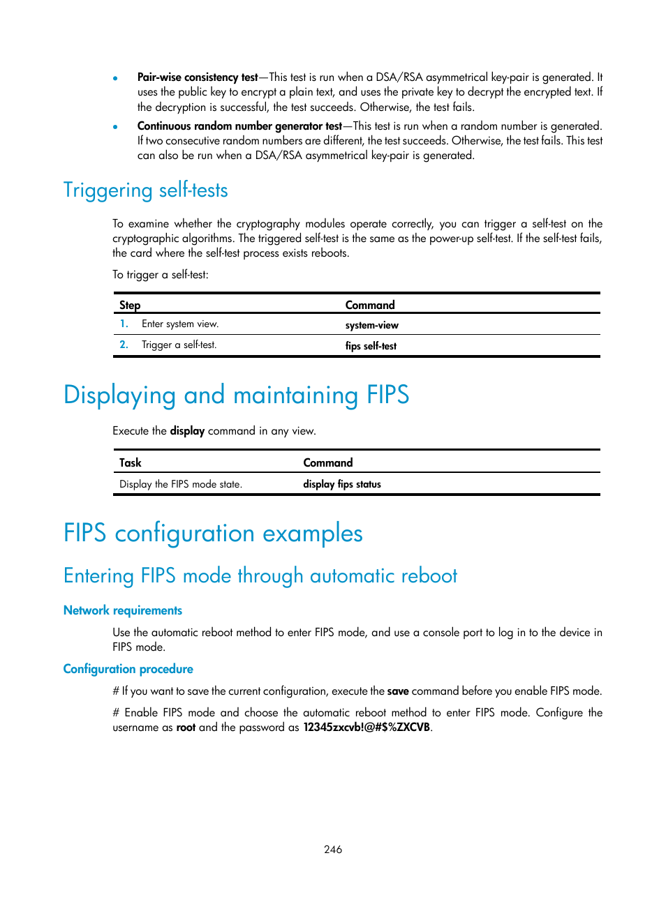 Establishing a connection to an sftp server, Displaying and maintaining fips, Fips configuration examples | Triggering self-tests, Entering fips mode through automatic reboot | H3C Technologies H3C S12500-X Series Switches User Manual | Page 258 / 294