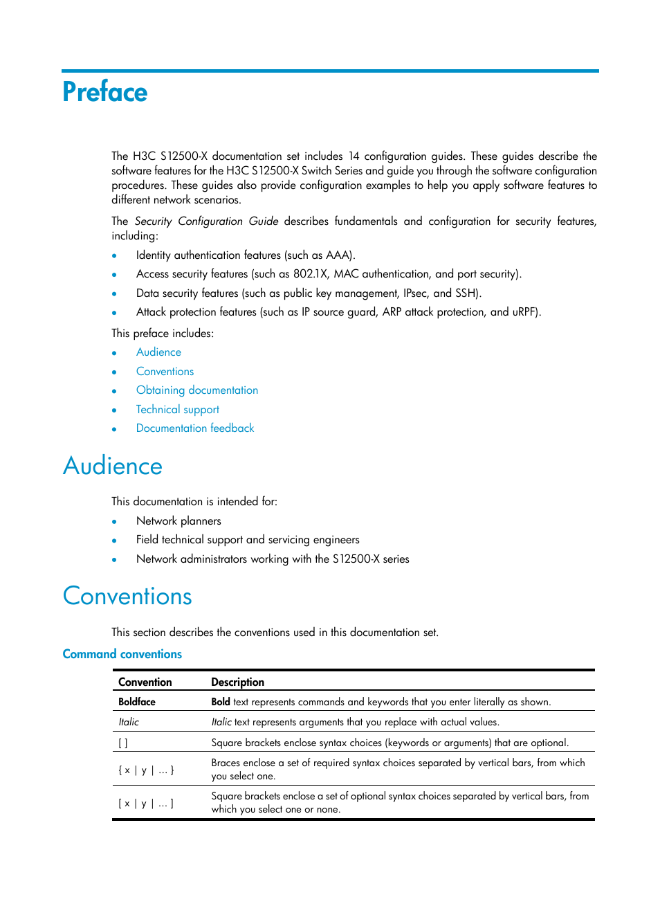 Preface, Audience, Conventions | Command conventions | H3C Technologies H3C S12500-X Series Switches User Manual | Page 3 / 294