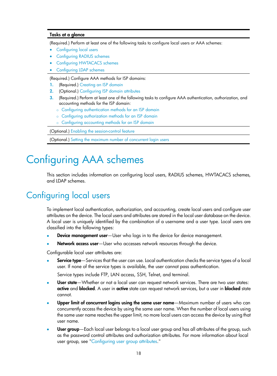 Configuring aaa schemes, Configuring local users | H3C Technologies H3C S12500-X Series Switches User Manual | Page 30 / 294