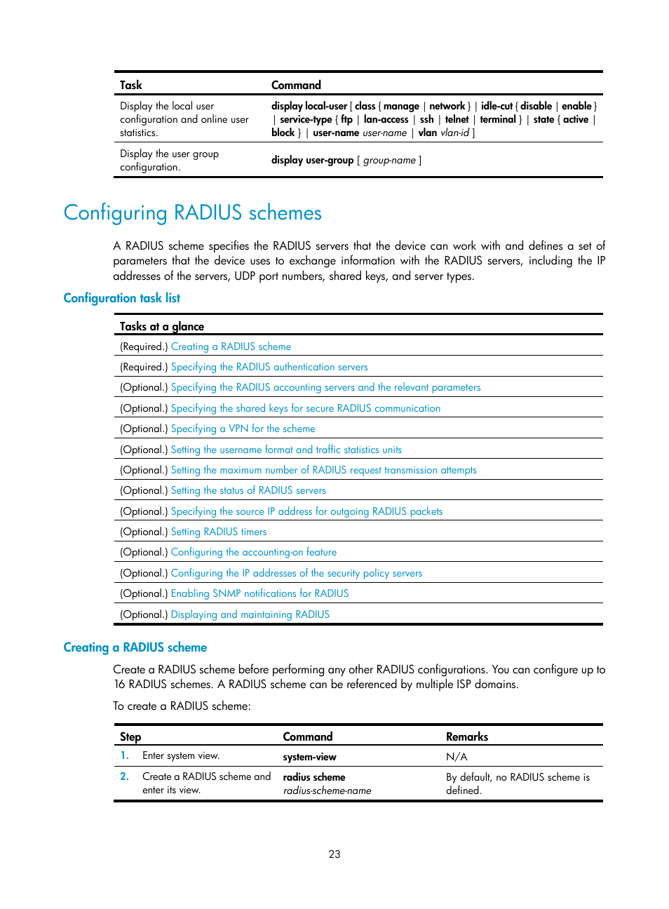 Configuring radius schemes | H3C Technologies H3C S12500-X Series Switches User Manual | Page 35 / 294