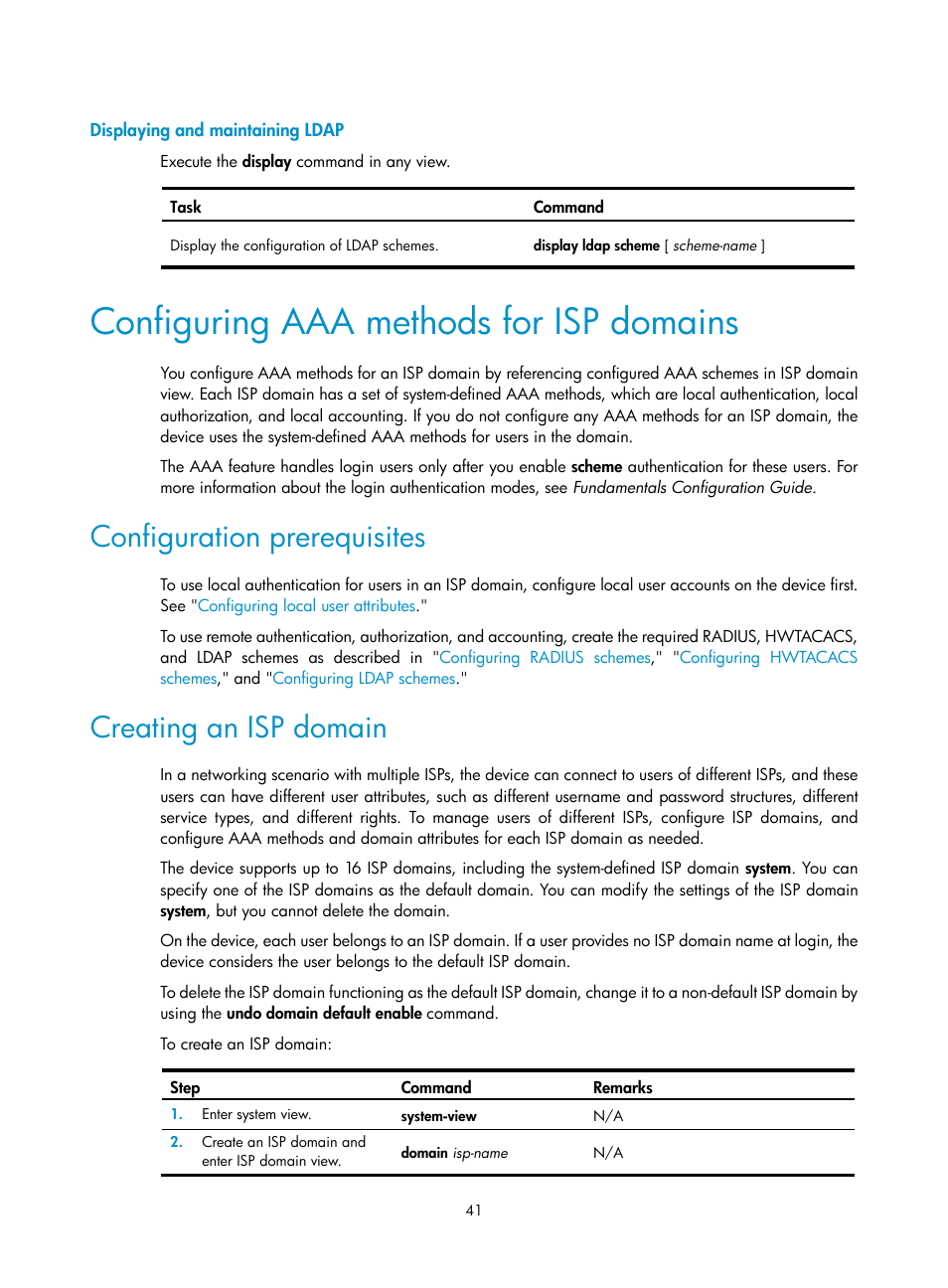 Configuring aaa methods for isp domains, Configuration prerequisites, Creating an isp domain | H3C Technologies H3C S12500-X Series Switches User Manual | Page 53 / 294