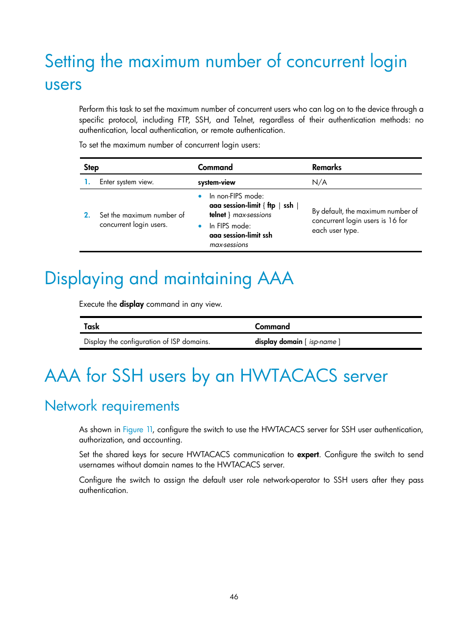 Displaying and maintaining aaa, Aaa for ssh users by an hwtacacs server, Network requirements | H3C Technologies H3C S12500-X Series Switches User Manual | Page 58 / 294