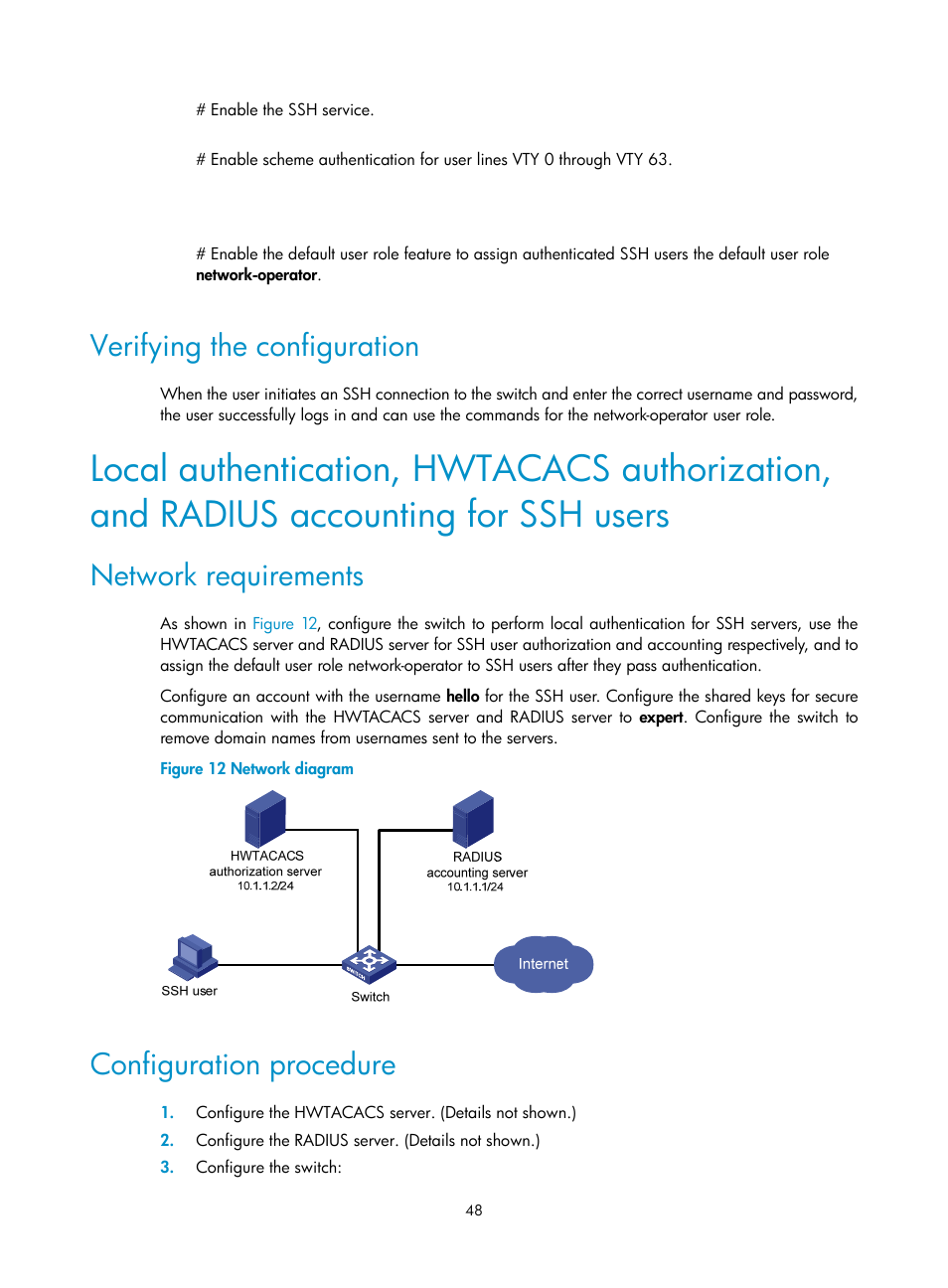 Verifying the configuration, Network requirements, Configuration procedure | H3C Technologies H3C S12500-X Series Switches User Manual | Page 60 / 294