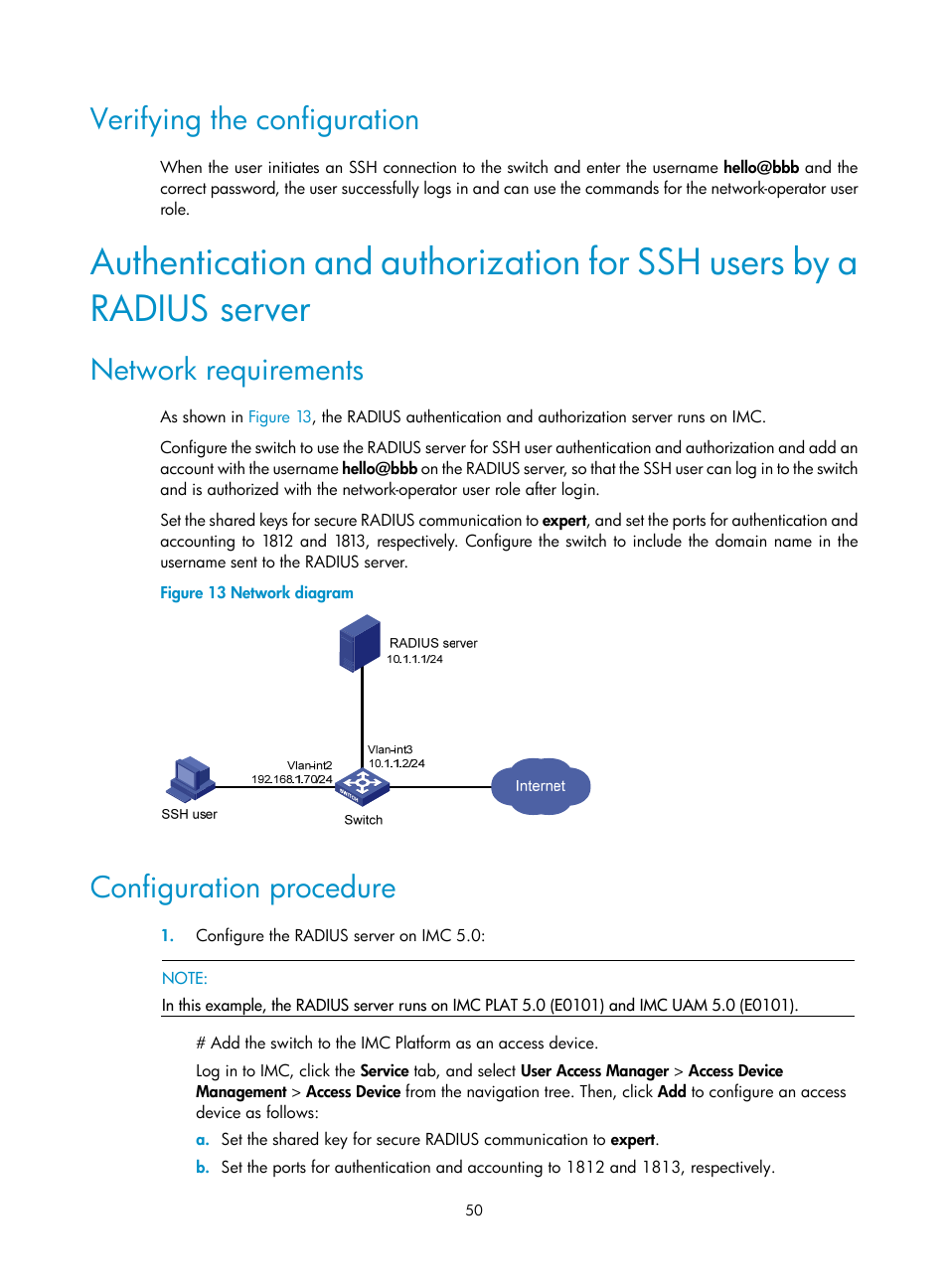 Verifying the configuration, Network requirements, Configuration procedure | H3C Technologies H3C S12500-X Series Switches User Manual | Page 62 / 294