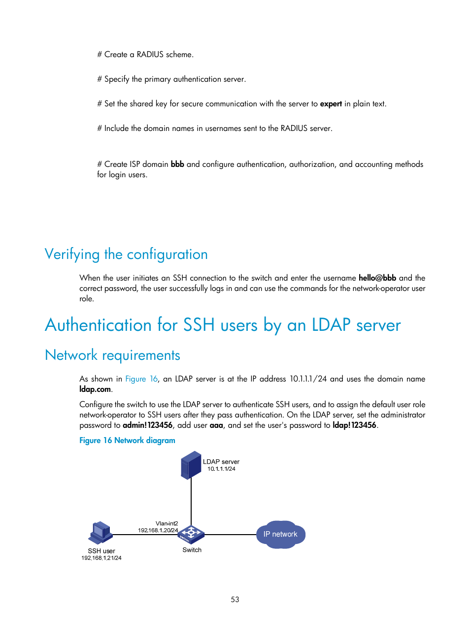 Authentication for ssh users by an ldap server, Verifying the configuration, Network requirements | H3C Technologies H3C S12500-X Series Switches User Manual | Page 65 / 294