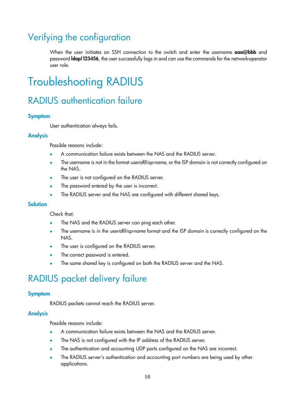 Troubleshooting radius, Verifying the configuration, Radius authentication failure | Radius packet delivery failure | H3C Technologies H3C S12500-X Series Switches User Manual | Page 70 / 294