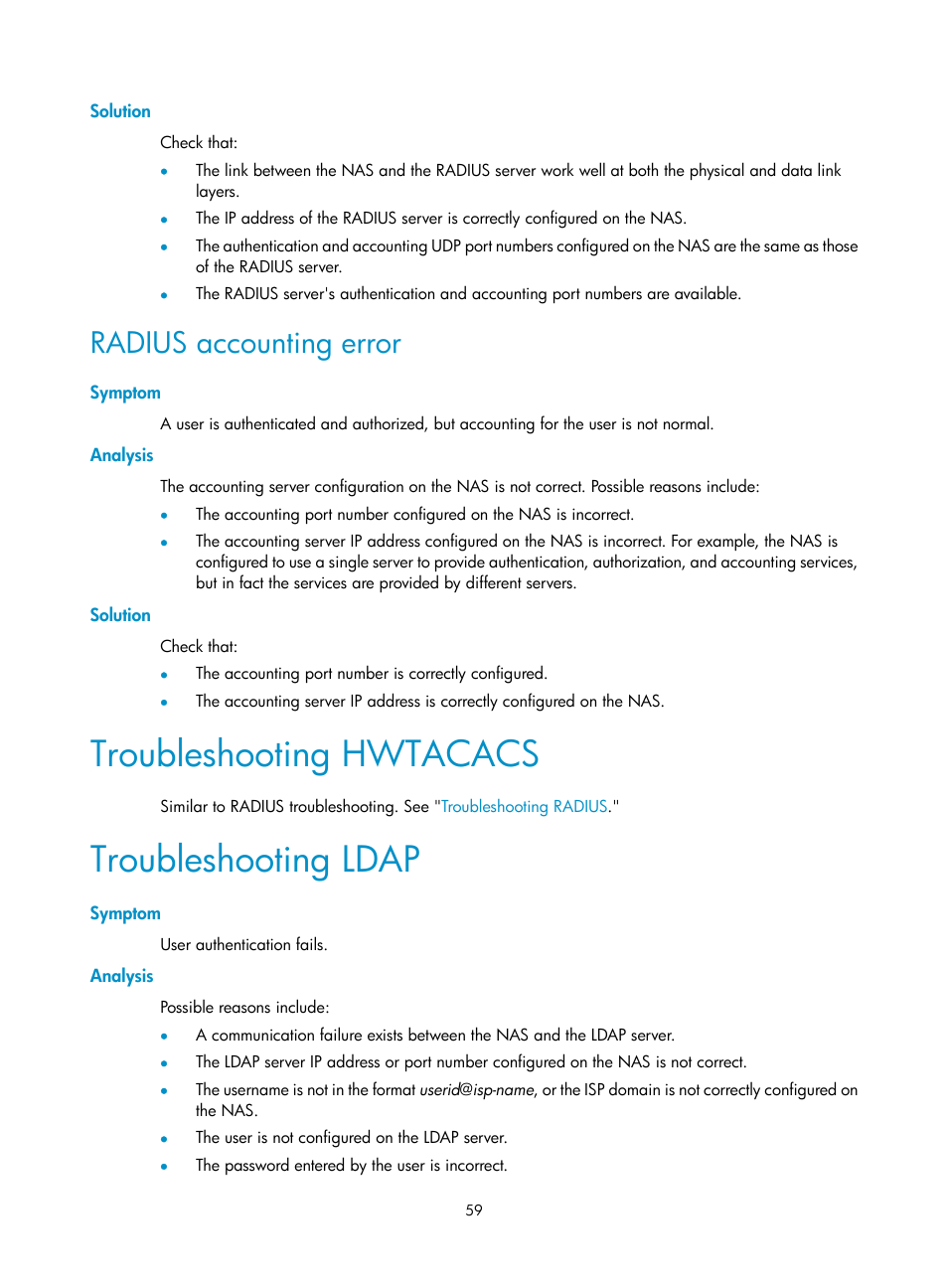 Troubleshooting hwtacacs, Troubleshooting ldap, Radius accounting error | H3C Technologies H3C S12500-X Series Switches User Manual | Page 71 / 294