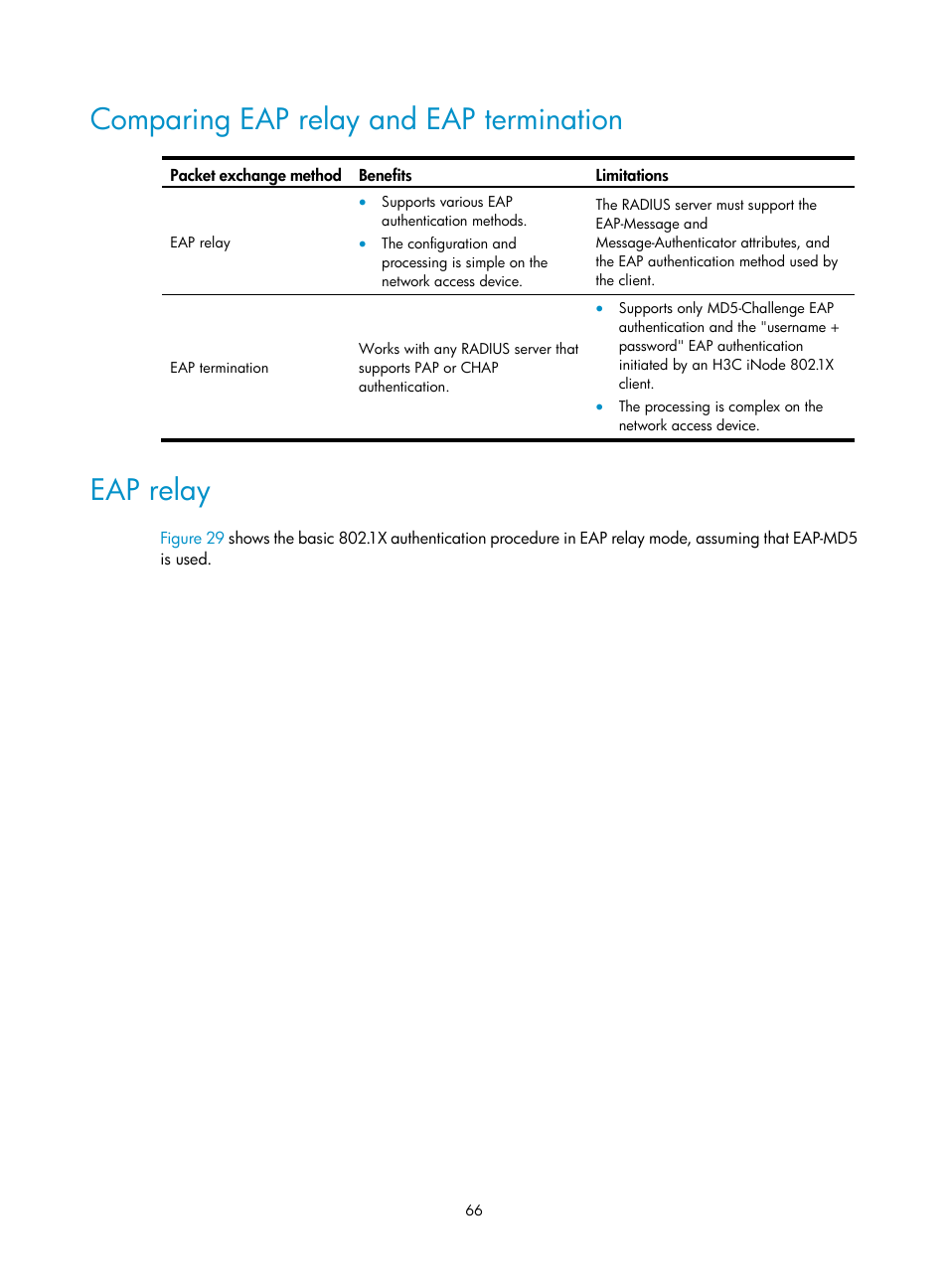 Comparing eap relay and eap termination, Eap relay | H3C Technologies H3C S12500-X Series Switches User Manual | Page 78 / 294