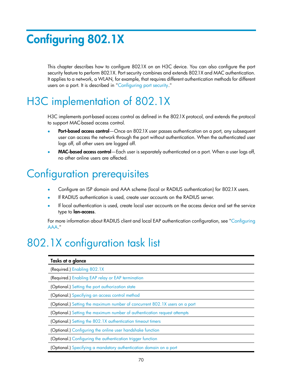 Configuring 802.1x, Configuration prerequisites, 1x configuration task list | H3C Technologies H3C S12500-X Series Switches User Manual | Page 82 / 294