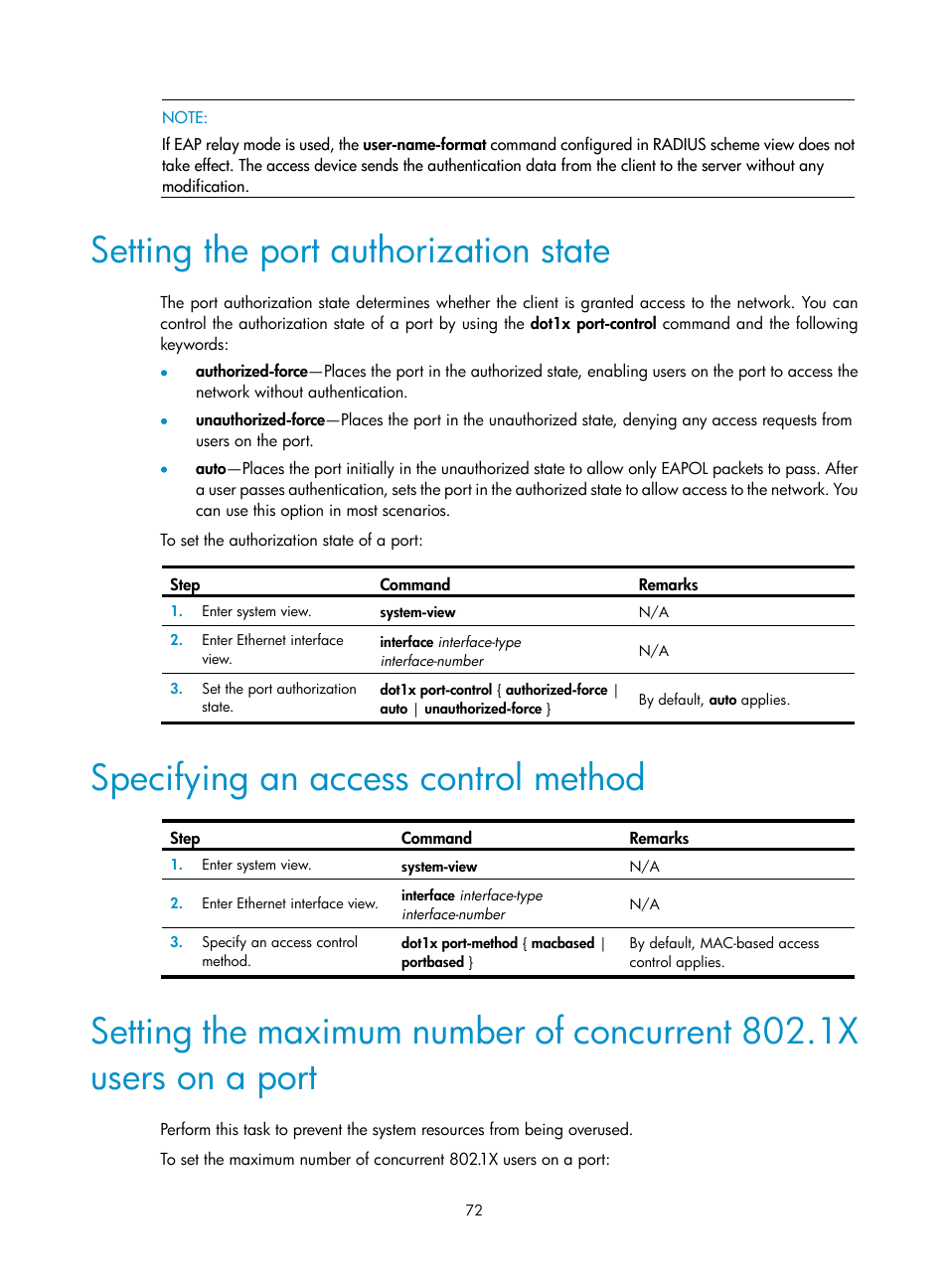 Setting the port authorization state, Specifying an access control method | H3C Technologies H3C S12500-X Series Switches User Manual | Page 84 / 294