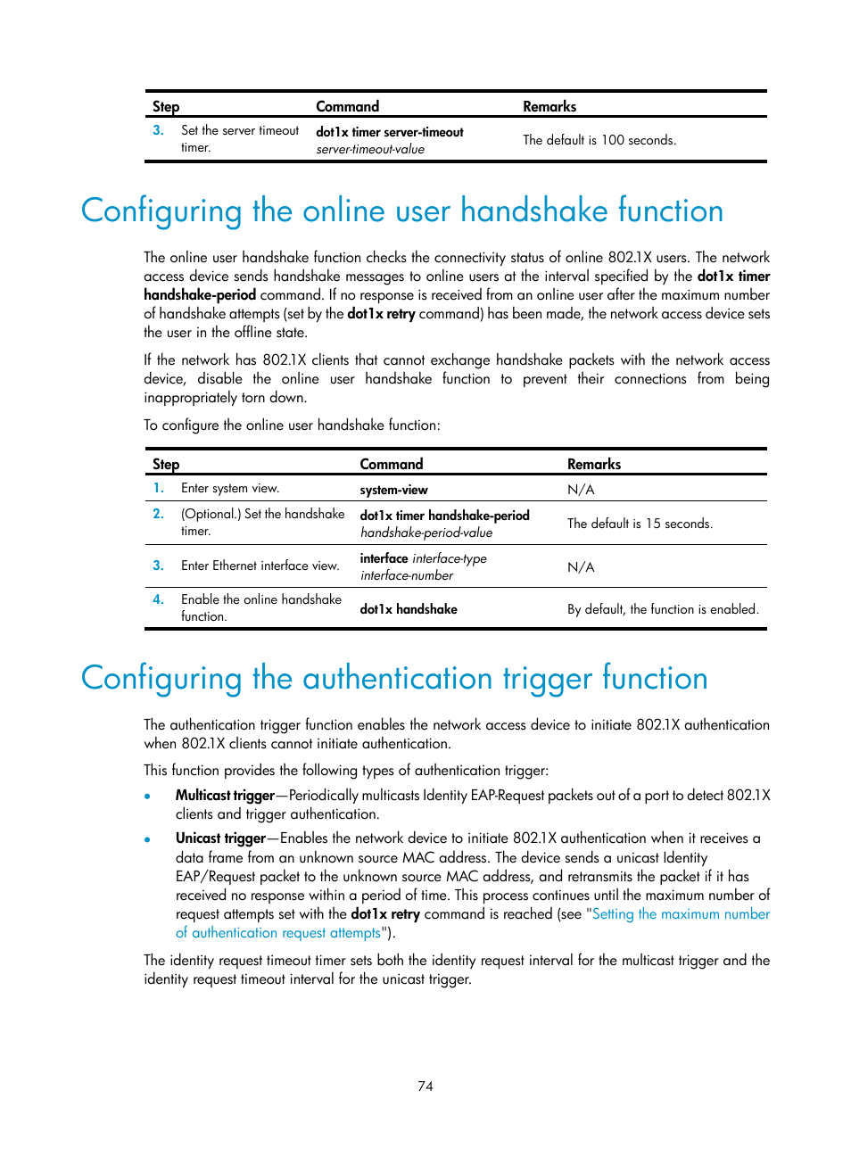 Configuring the online user handshake function, Configuring the authentication trigger function | H3C Technologies H3C S12500-X Series Switches User Manual | Page 86 / 294