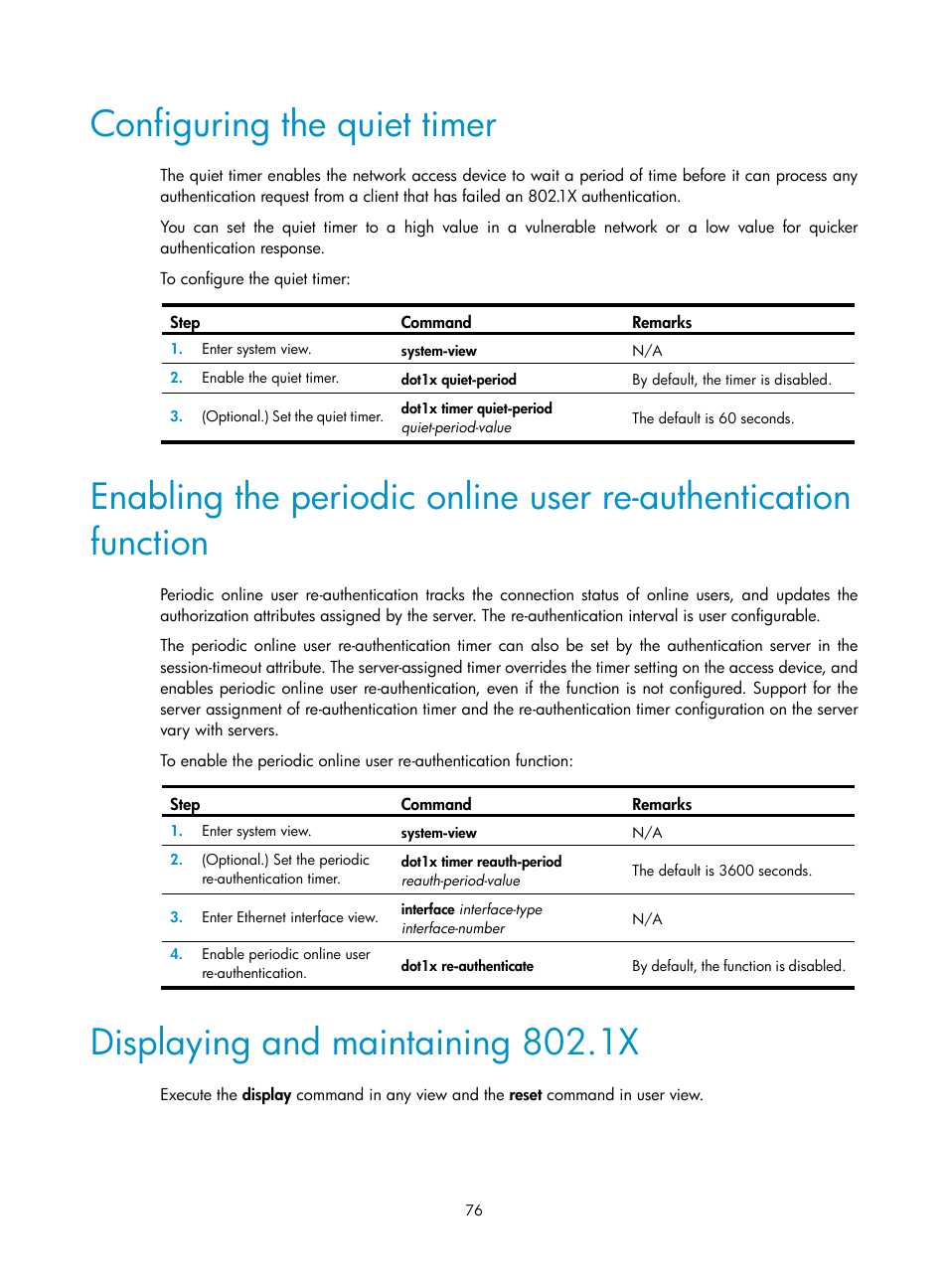 1x overview, 1x architecture, Configuring the quiet timer | Displaying and maintaining 802.1x | H3C Technologies H3C S12500-X Series Switches User Manual | Page 88 / 294