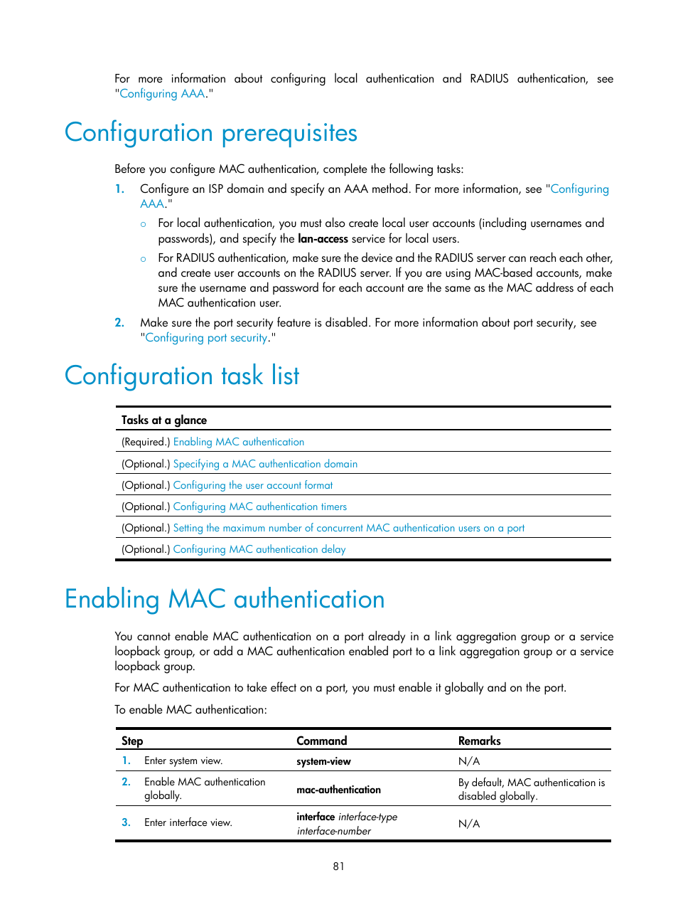 Initiating 802.1x authentication, 1x client as the initiator, Access device as the initiator | Configuration prerequisites, Configuration task list, Enabling mac authentication | H3C Technologies H3C S12500-X Series Switches User Manual | Page 93 / 294