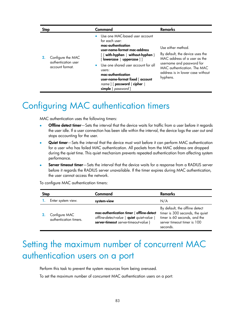 Comparing eap relay and eap termination, Configuring mac authentication timers | H3C Technologies H3C S12500-X Series Switches User Manual | Page 95 / 294
