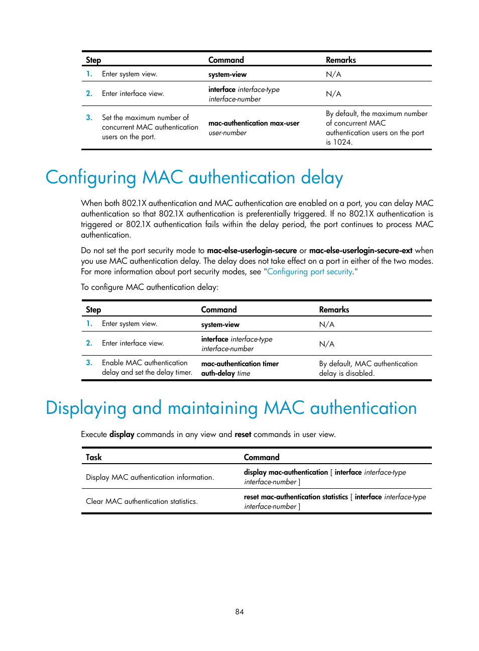 Eap relay, Configuring mac authentication delay, Displaying and maintaining mac authentication | H3C Technologies H3C S12500-X Series Switches User Manual | Page 96 / 294