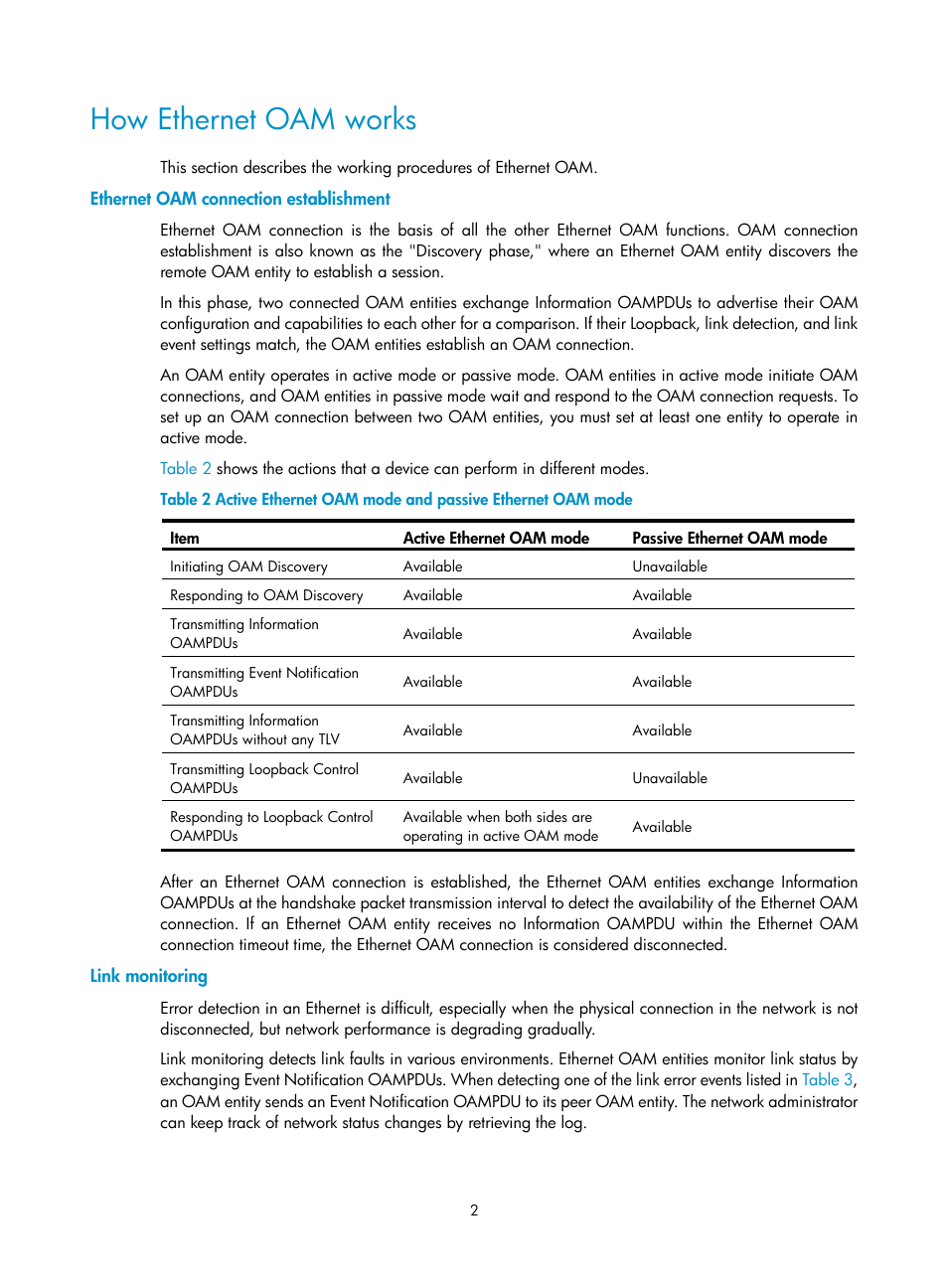 How ethernet oam works, Ethernet oam connection establishment, Link monitoring | Ethernet oampdus | H3C Technologies H3C S12500-X Series Switches User Manual | Page 10 / 120