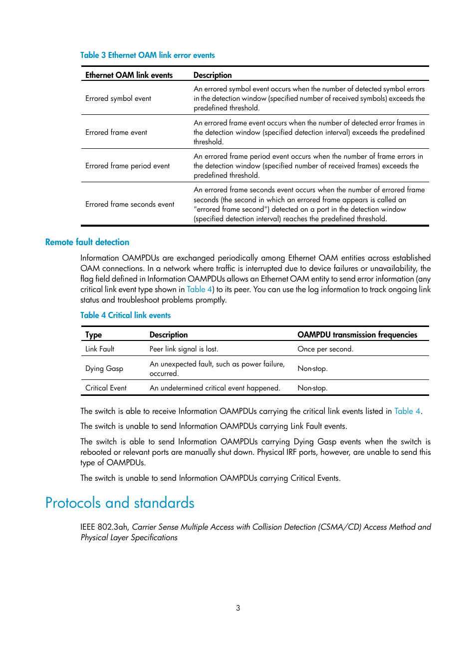 Remote fault detection, Protocols and standards | H3C Technologies H3C S12500-X Series Switches User Manual | Page 11 / 120