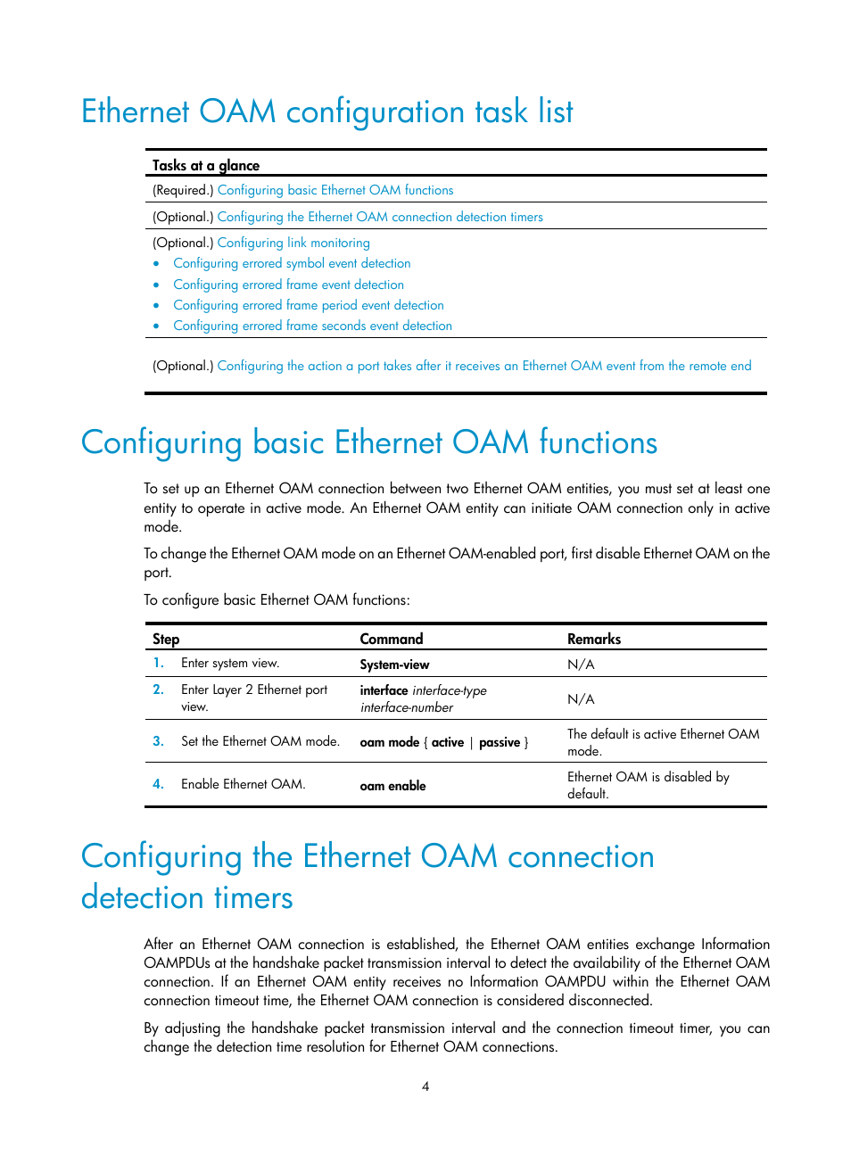 Ethernet oam configuration task list, Configuring basic ethernet oam functions, Protocols and standards | H3C Technologies H3C S12500-X Series Switches User Manual | Page 12 / 120