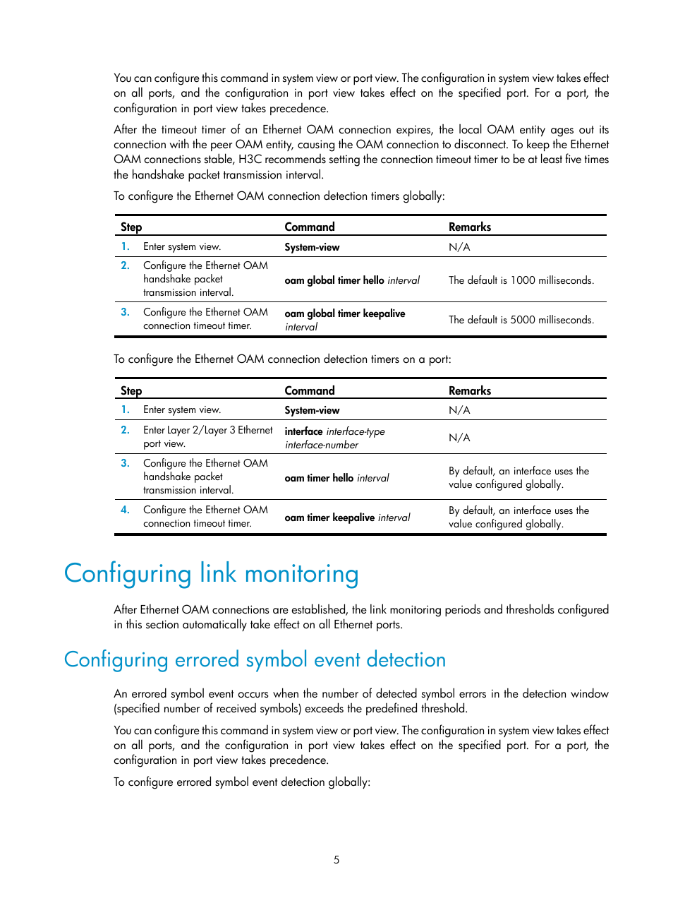 Configuring link monitoring, Configuring errored symbol event detection, Ethernet oam configuration task list | Configuring basic ethernet oam functions | H3C Technologies H3C S12500-X Series Switches User Manual | Page 13 / 120