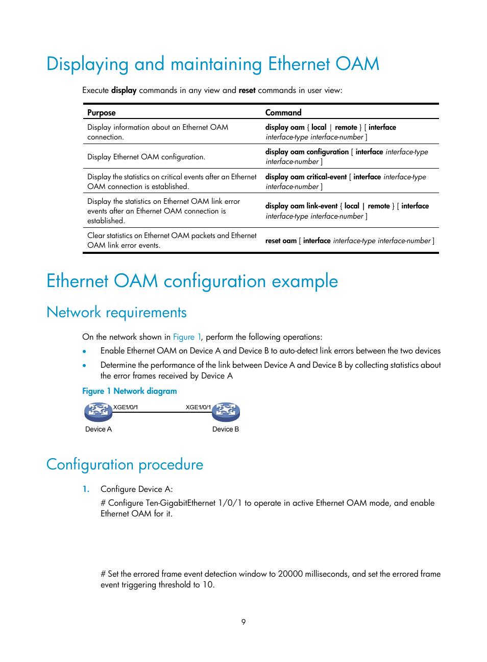 Displaying and maintaining ethernet oam, Ethernet oam configuration example, Network requirements | Configuration procedure, Configuring errored frame event detection | H3C Technologies H3C S12500-X Series Switches User Manual | Page 17 / 120