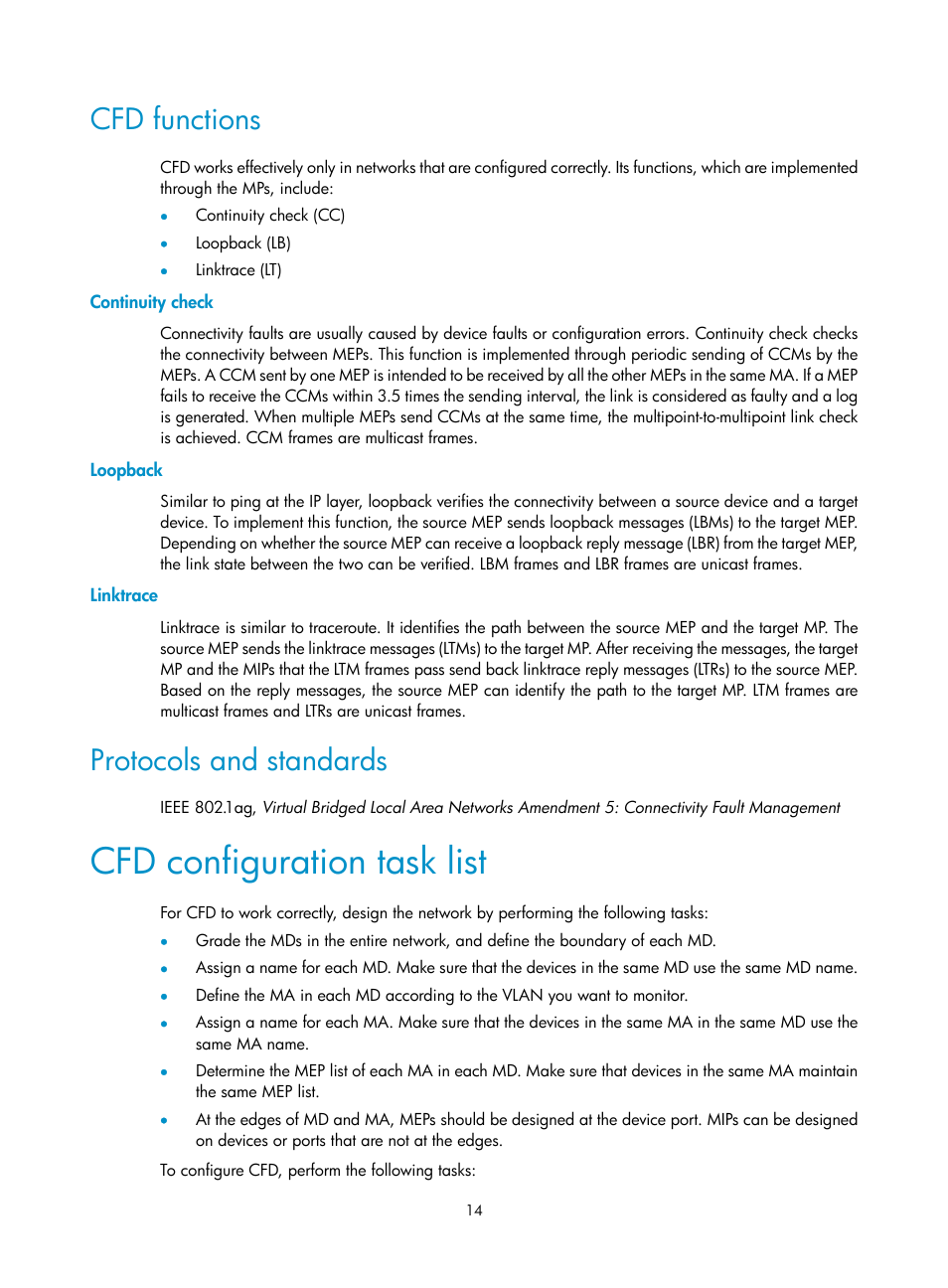 Cfd functions, Continuity check, Loopback | Linktrace, Protocols and standards, Cfd configuration task list, Ethernet oam configuration example | H3C Technologies H3C S12500-X Series Switches User Manual | Page 22 / 120