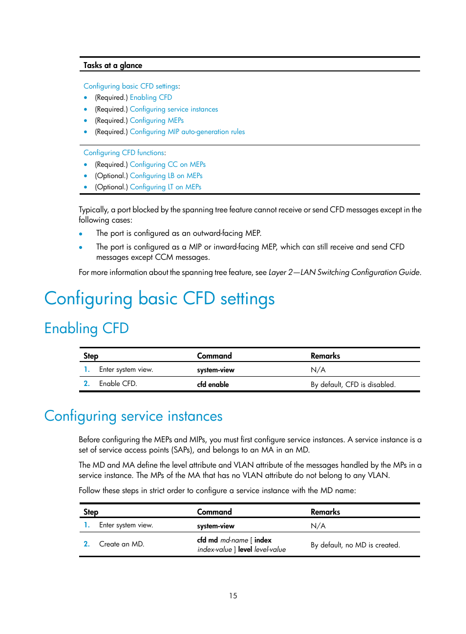 Configuring basic cfd settings, Enabling cfd, Configuring service instances | Network requirements, Configuration procedure | H3C Technologies H3C S12500-X Series Switches User Manual | Page 23 / 120