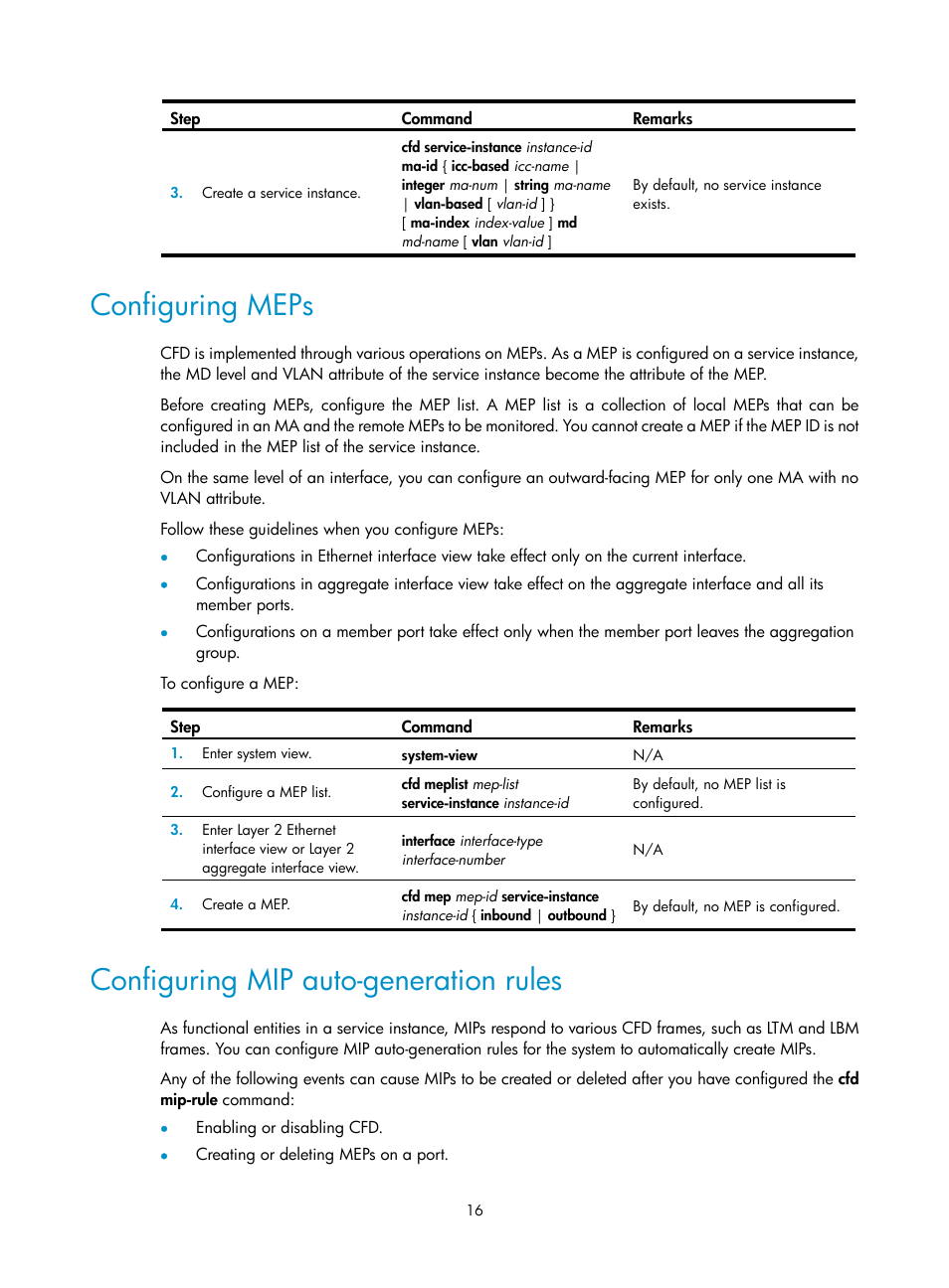 Configuring meps, Configuring mip auto-generation rules | H3C Technologies H3C S12500-X Series Switches User Manual | Page 24 / 120