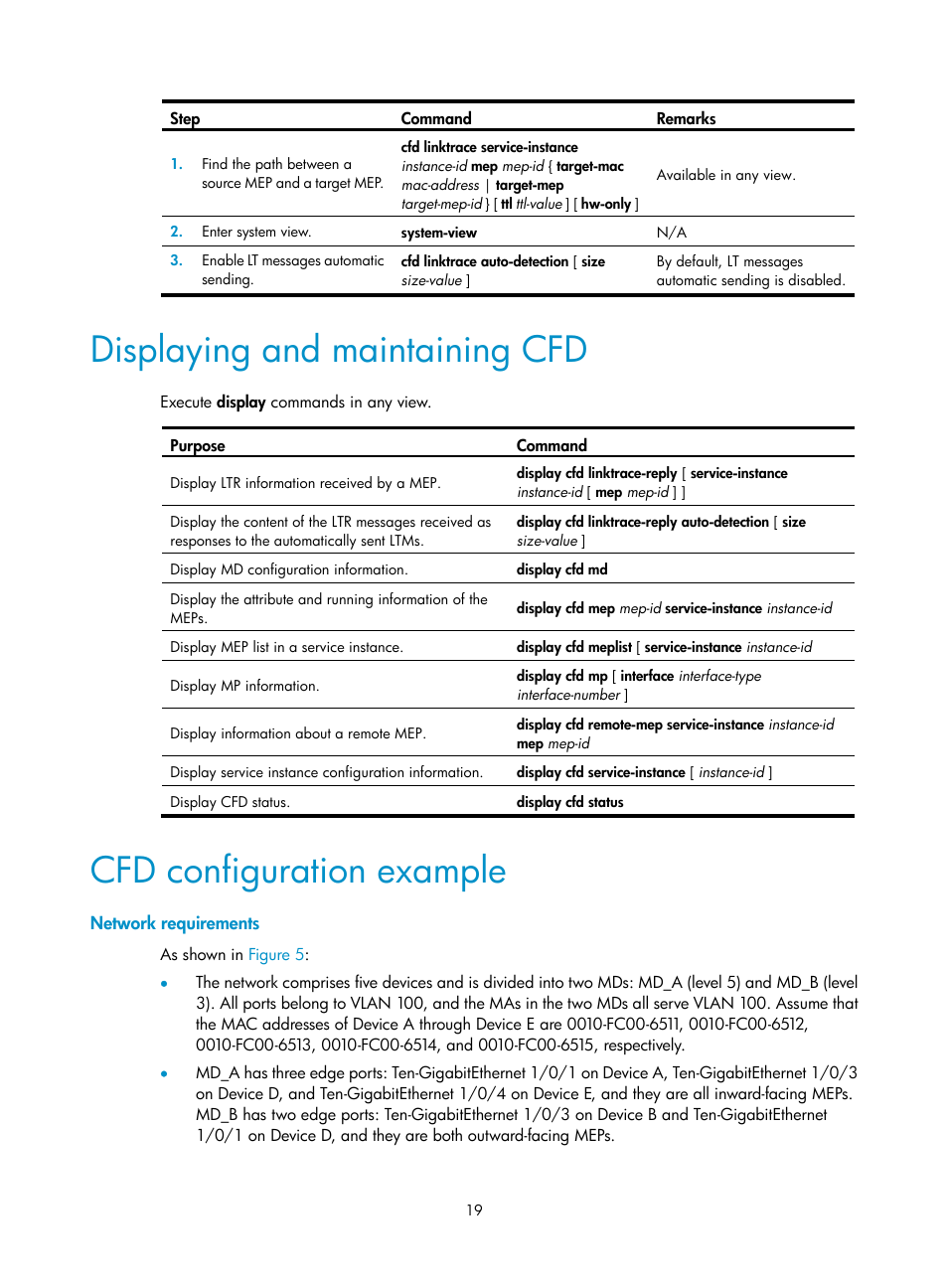 Displaying and maintaining cfd, Cfd configuration example, Network requirements | H3C Technologies H3C S12500-X Series Switches User Manual | Page 27 / 120