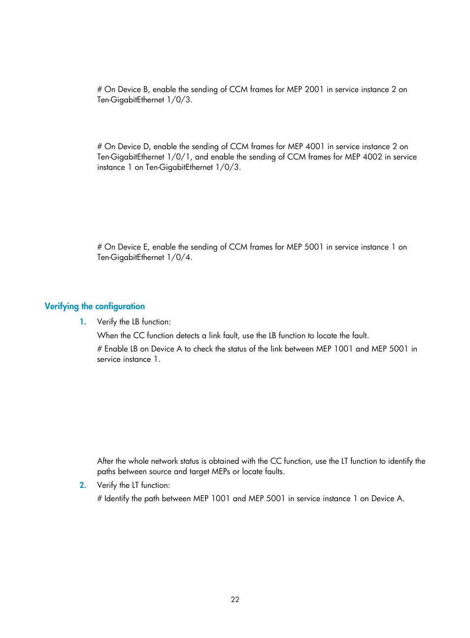 Verifying the configuration, Configuring basic cfd settings | H3C Technologies H3C S12500-X Series Switches User Manual | Page 30 / 120