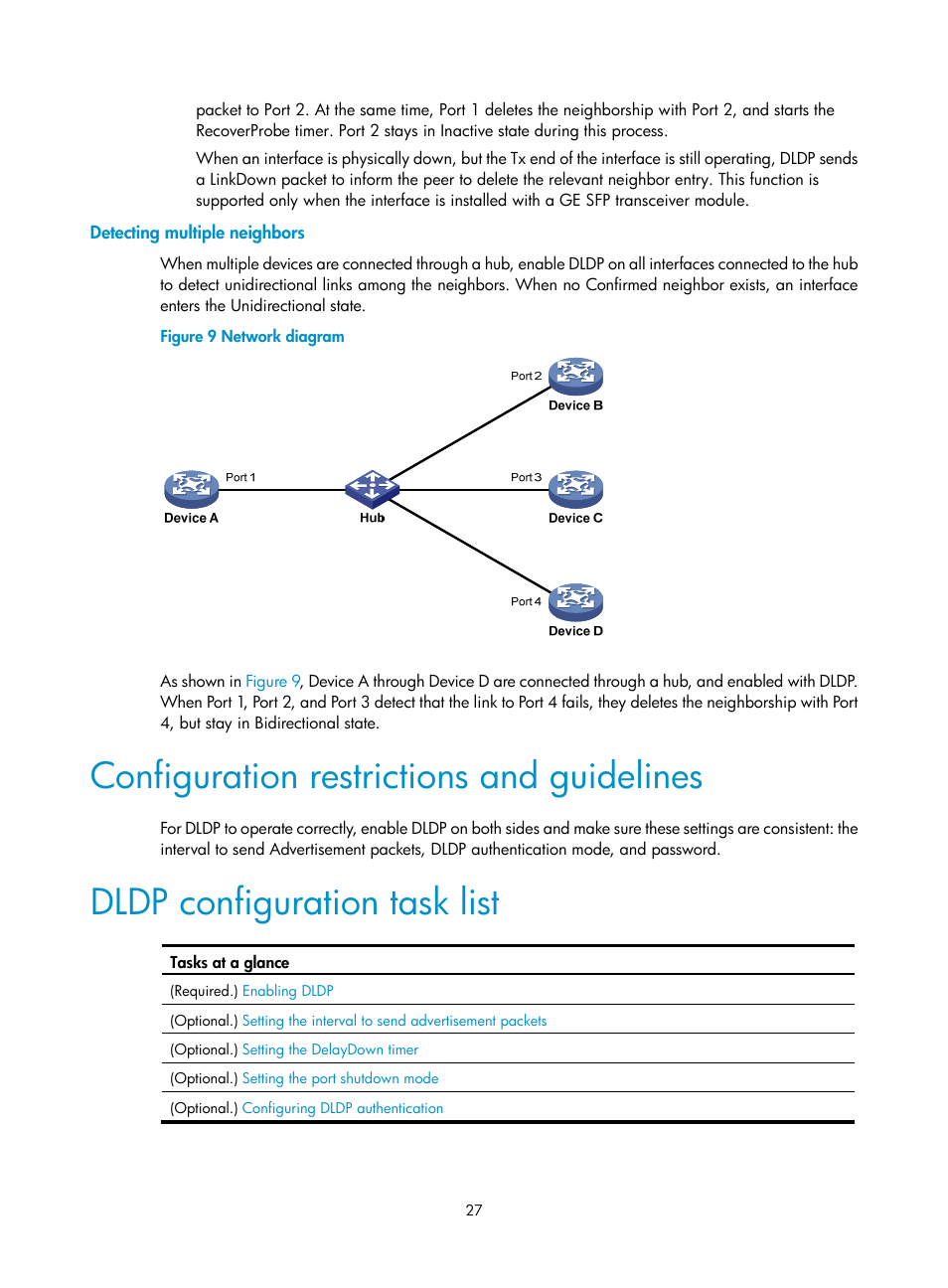 Detecting multiple neighbors, Configuration restrictions and guidelines, Dldp configuration task list | Configuring lb on meps | H3C Technologies H3C S12500-X Series Switches User Manual | Page 35 / 120