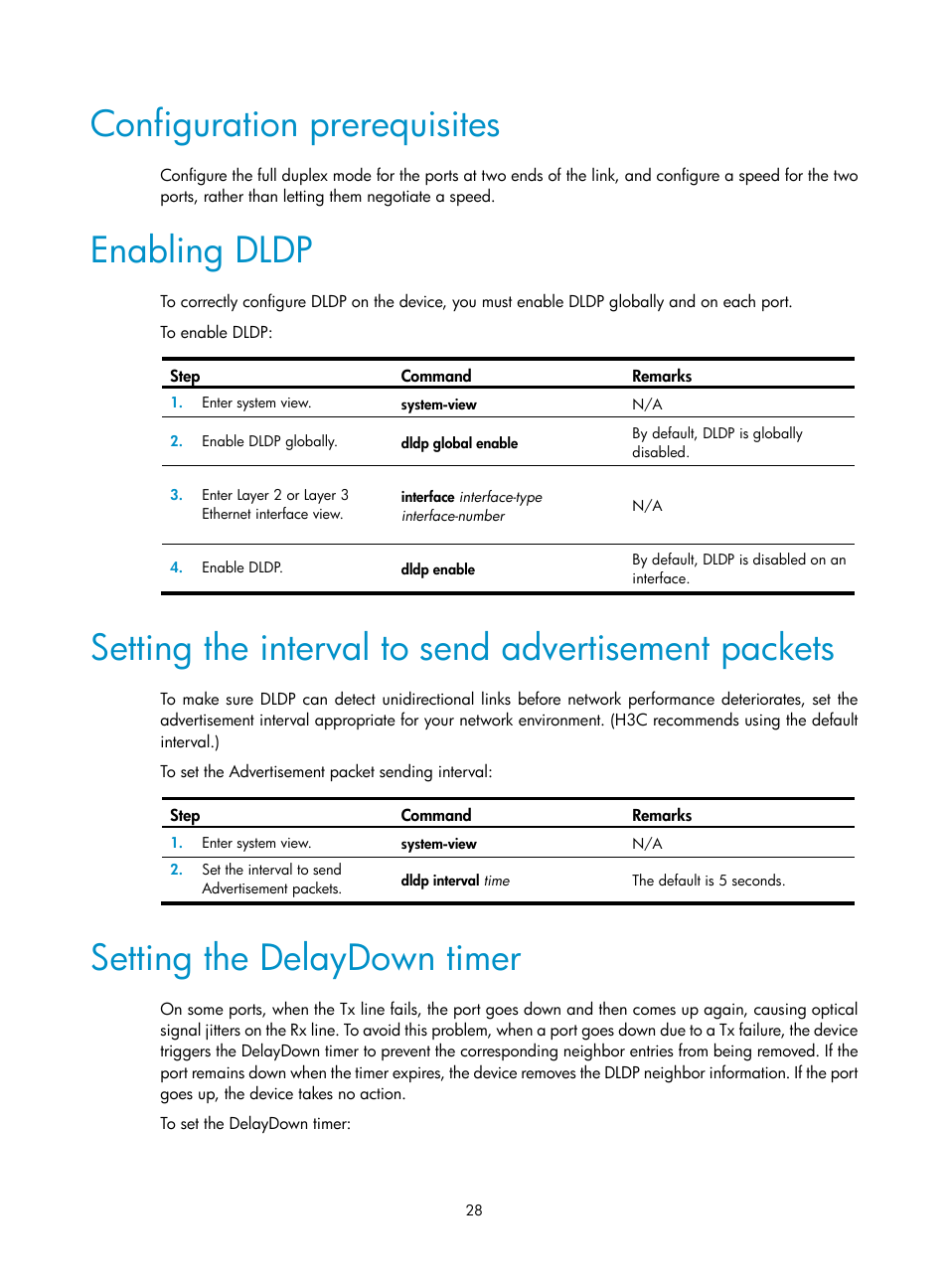 Configuration prerequisites, Enabling dldp, Setting the interval to send advertisement packets | Setting the delaydown timer, Configuring lt on meps, Required.) | H3C Technologies H3C S12500-X Series Switches User Manual | Page 36 / 120