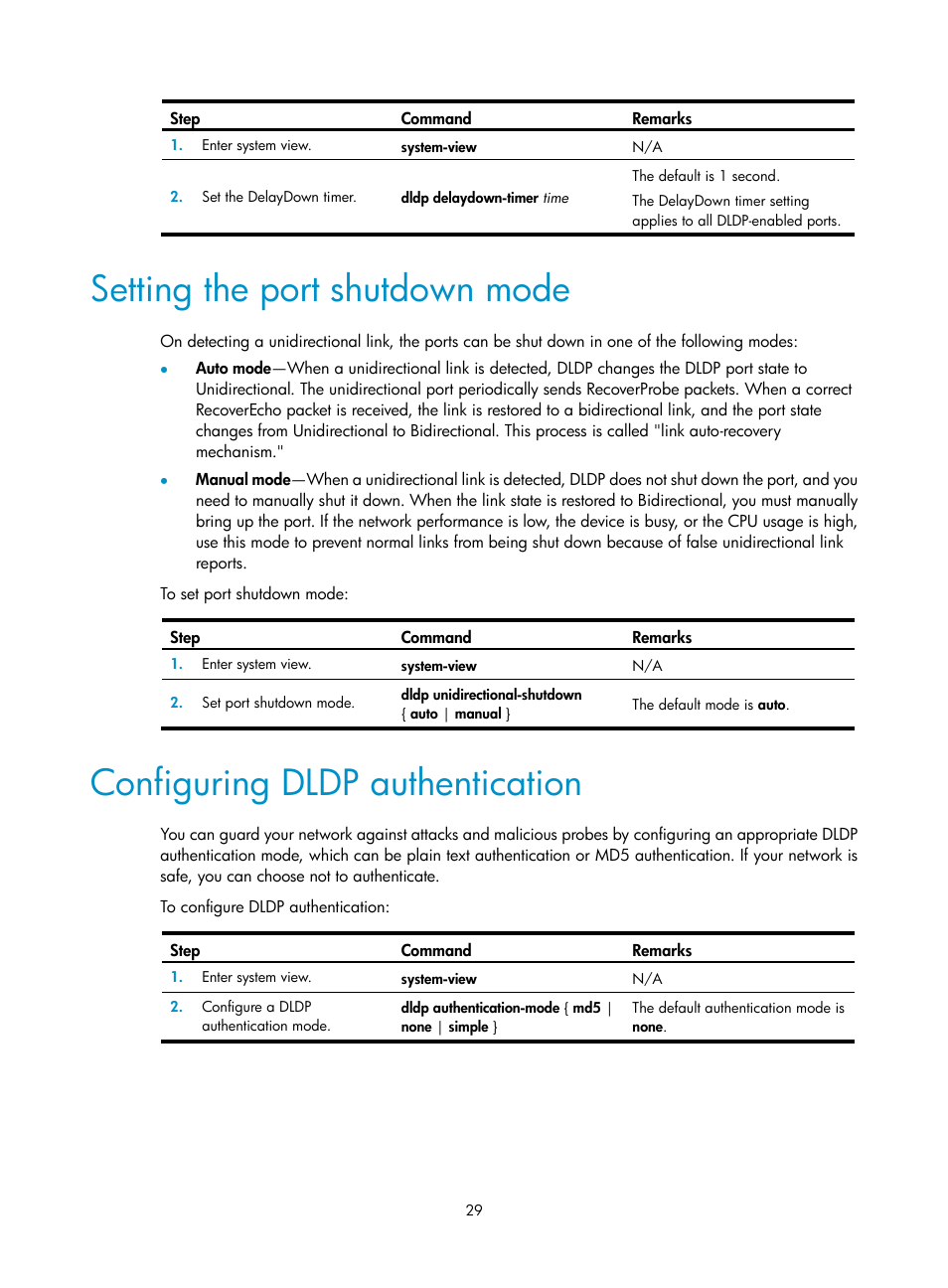 Setting the port shutdown mode, Configuring dldp authentication, Displaying and maintaining cfd | Cfd configuration example | H3C Technologies H3C S12500-X Series Switches User Manual | Page 37 / 120