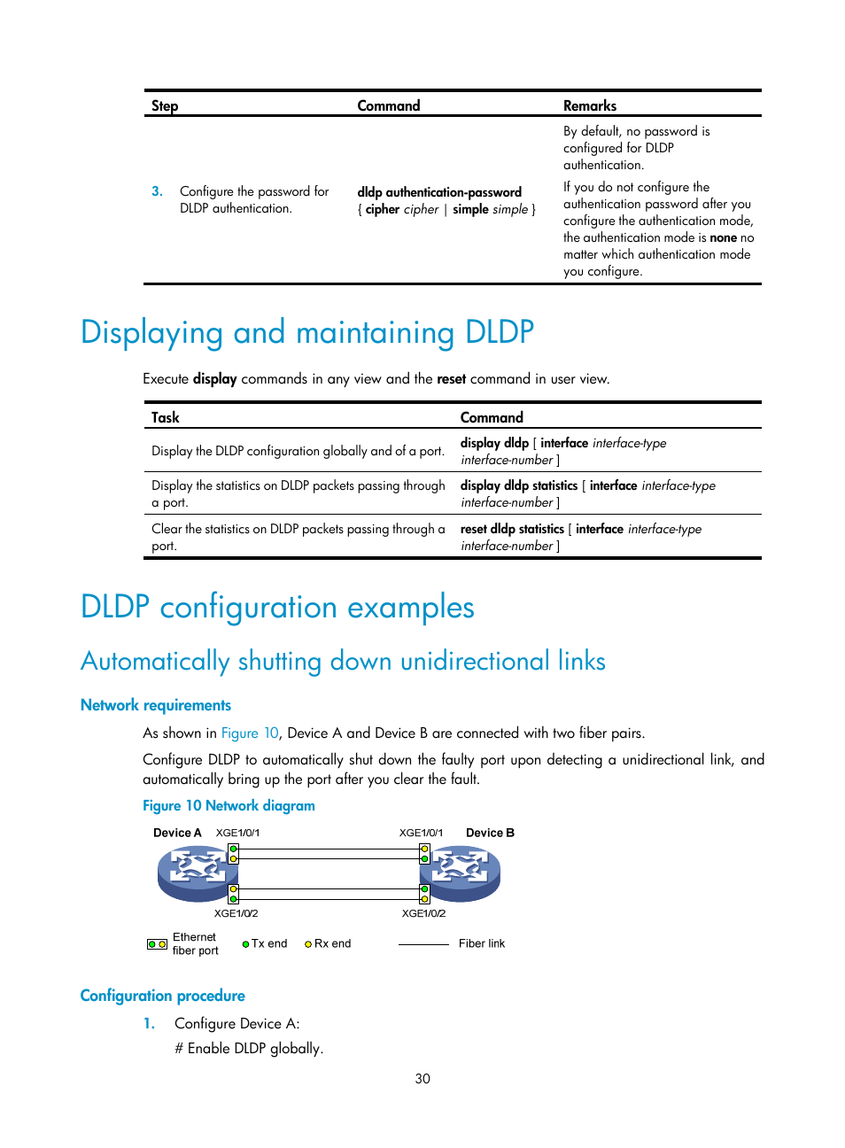 Displaying and maintaining dldp, Dldp configuration examples, Automatically shutting down unidirectional links | Network requirements, Configuration procedure | H3C Technologies H3C S12500-X Series Switches User Manual | Page 38 / 120