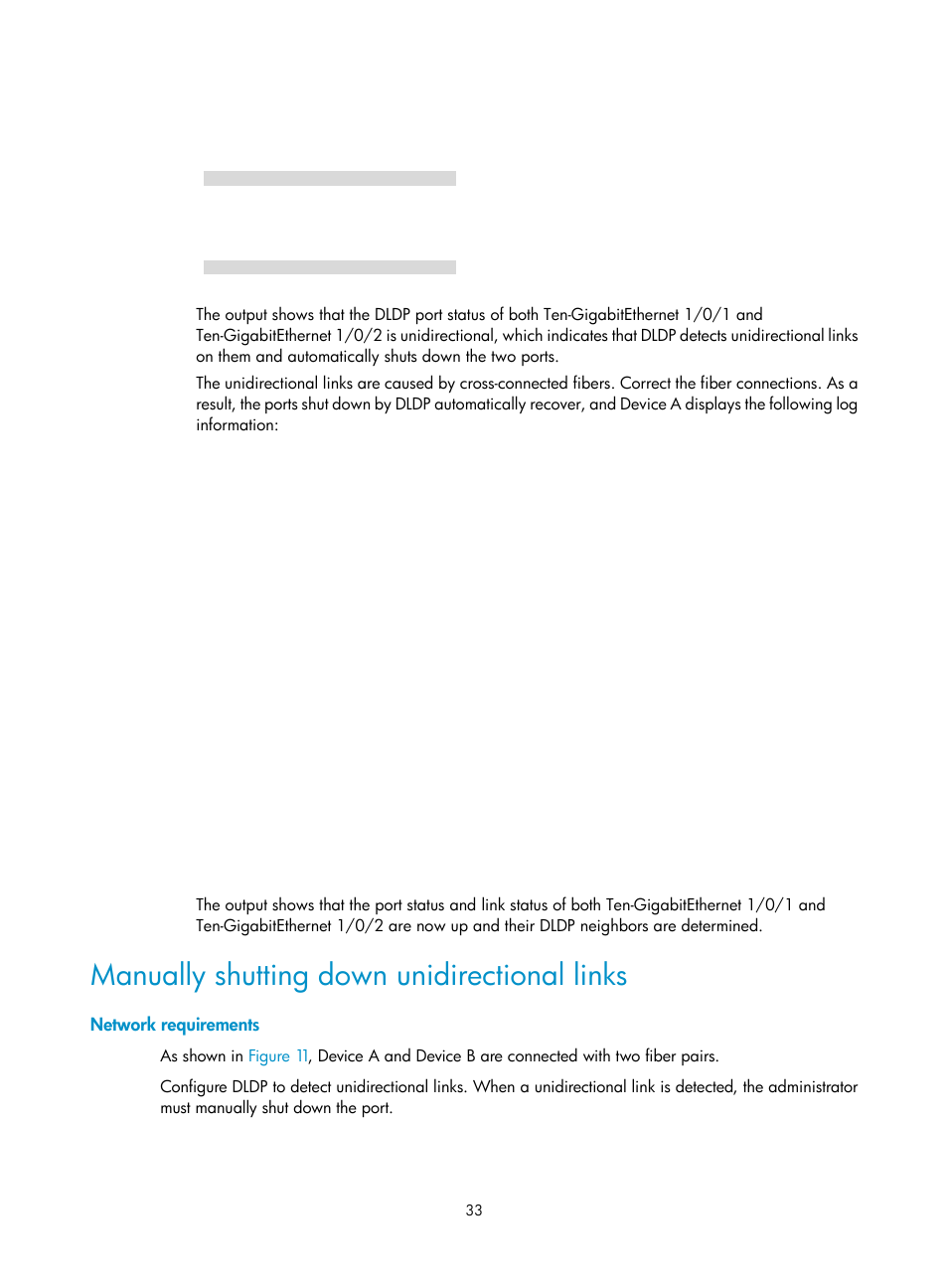 Manually shutting down unidirectional links, Network requirements | H3C Technologies H3C S12500-X Series Switches User Manual | Page 41 / 120