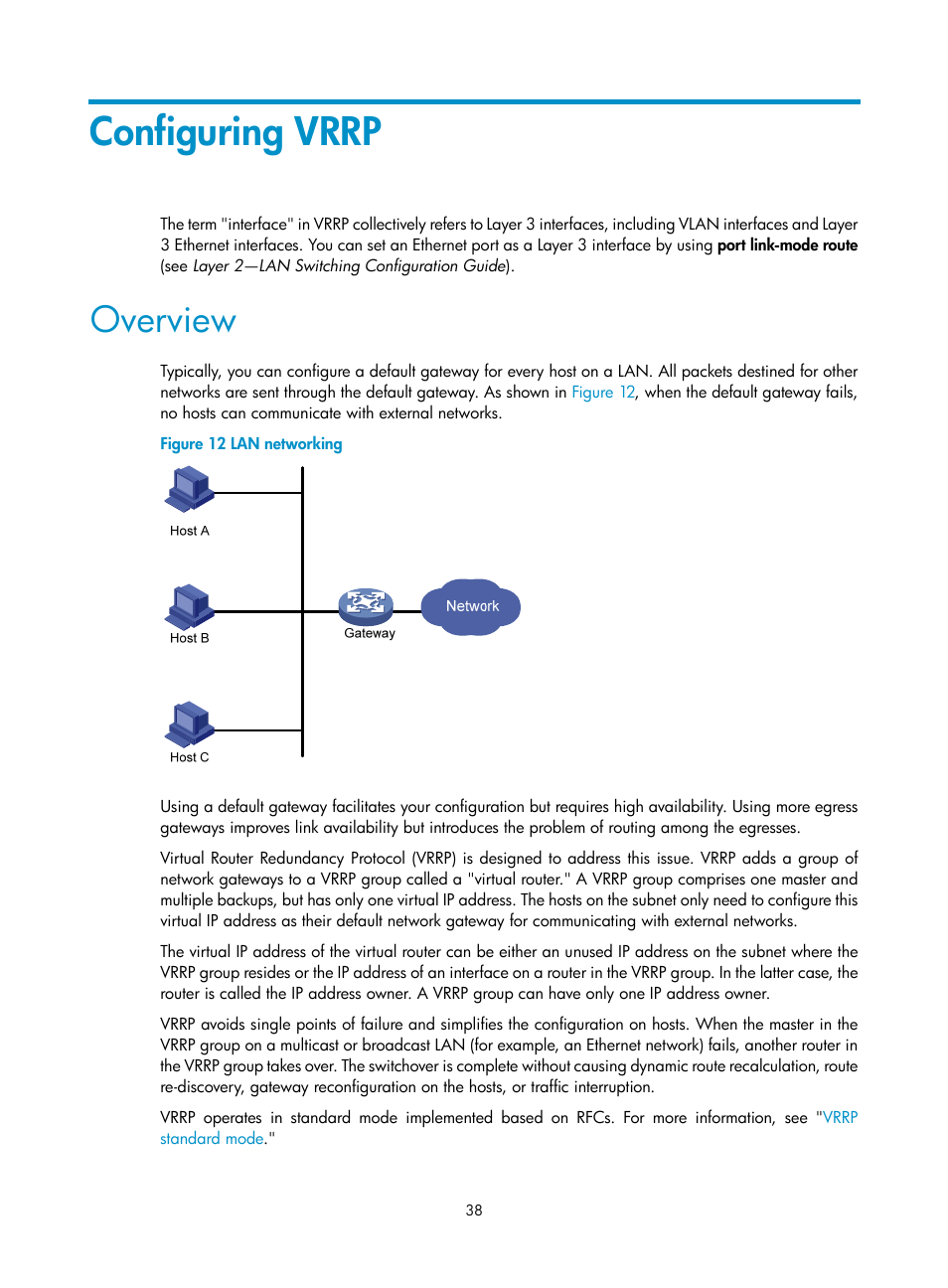 Configuring vrrp, Overview | H3C Technologies H3C S12500-X Series Switches User Manual | Page 46 / 120