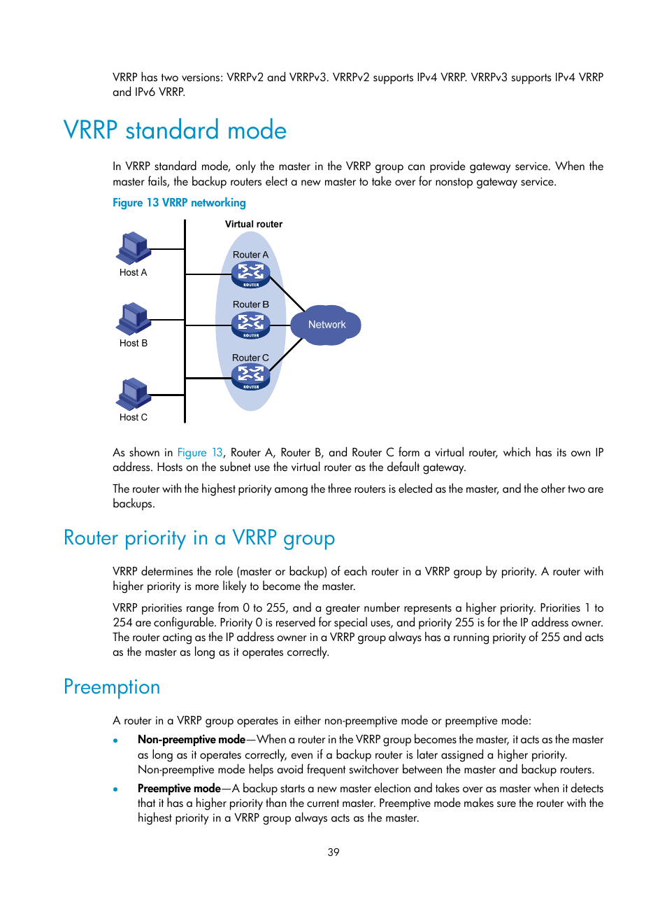 Vrrp standard mode, Router priority in a vrrp group, Preemption | Configuration restrictions and guidelines, Dldp configuration task list, Vrrp, Standard mode | H3C Technologies H3C S12500-X Series Switches User Manual | Page 47 / 120