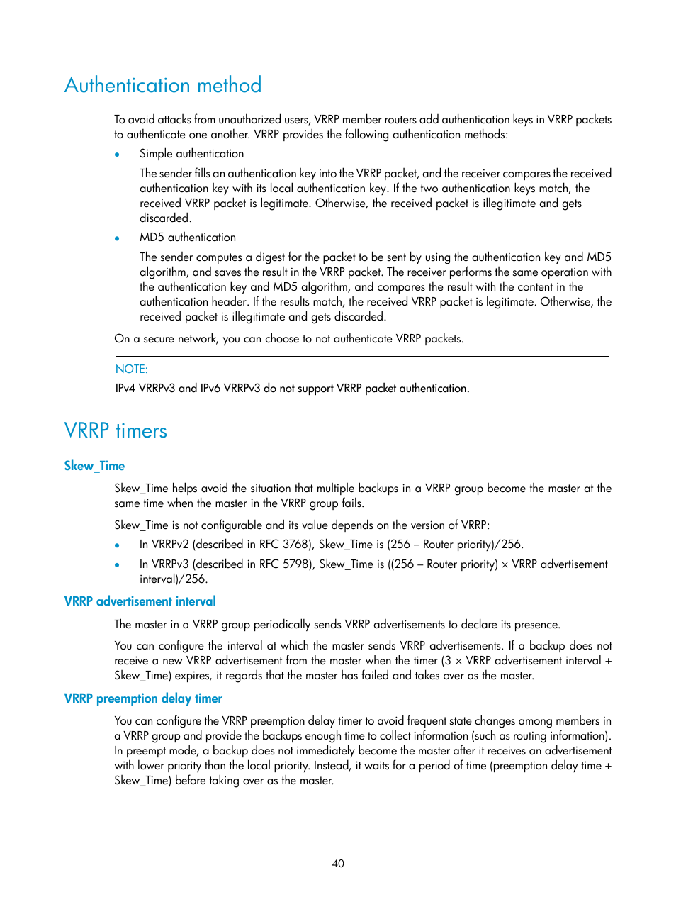 Authentication method, Vrrp timers, Skew_time | Vrrp advertisement interval, Vrrp preemption delay timer, Configuration prerequisites, Enabling dldp | H3C Technologies H3C S12500-X Series Switches User Manual | Page 48 / 120