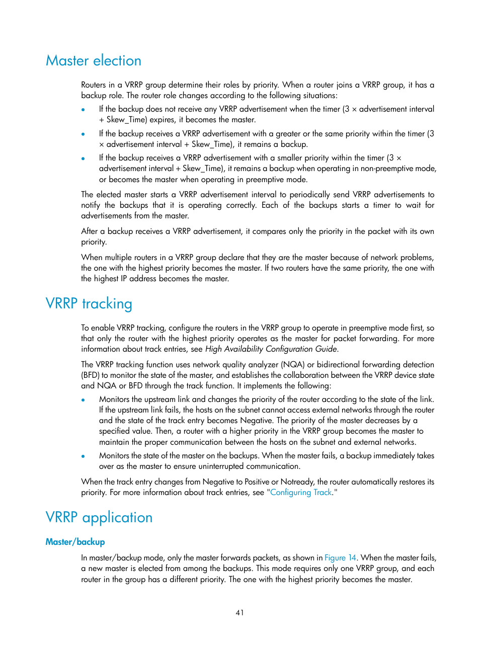 Master election, Vrrp tracking, Vrrp application | Master/backup, Setting the interval to send advertisement packets, Setting the delaydown timer | H3C Technologies H3C S12500-X Series Switches User Manual | Page 49 / 120