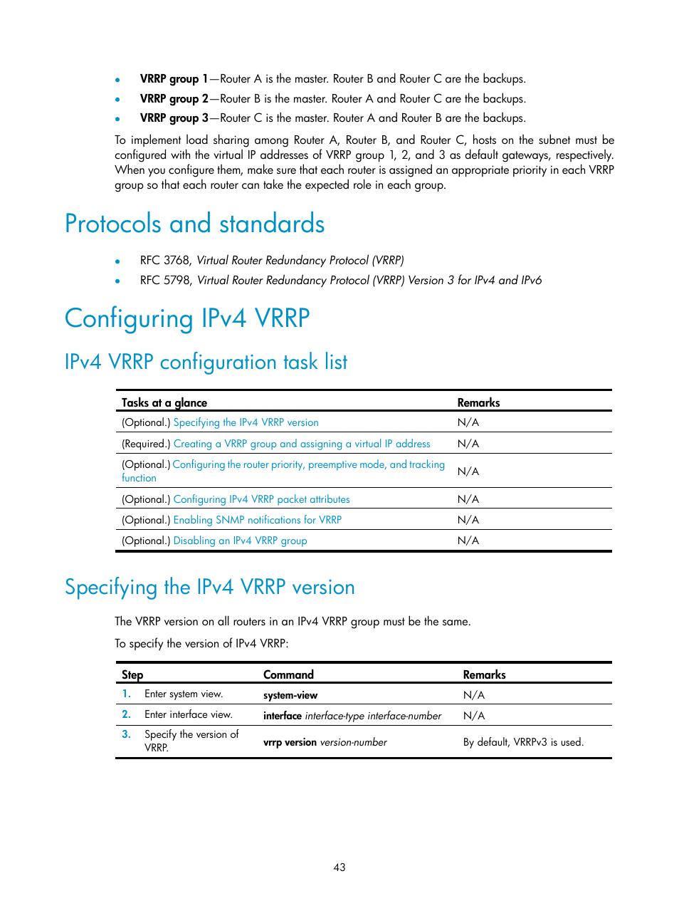 Protocols and standards, Configuring ipv4 vrrp, Ipv4 vrrp configuration task list | Specifying the ipv4 vrrp version, Configuring dldp authentication | H3C Technologies H3C S12500-X Series Switches User Manual | Page 51 / 120