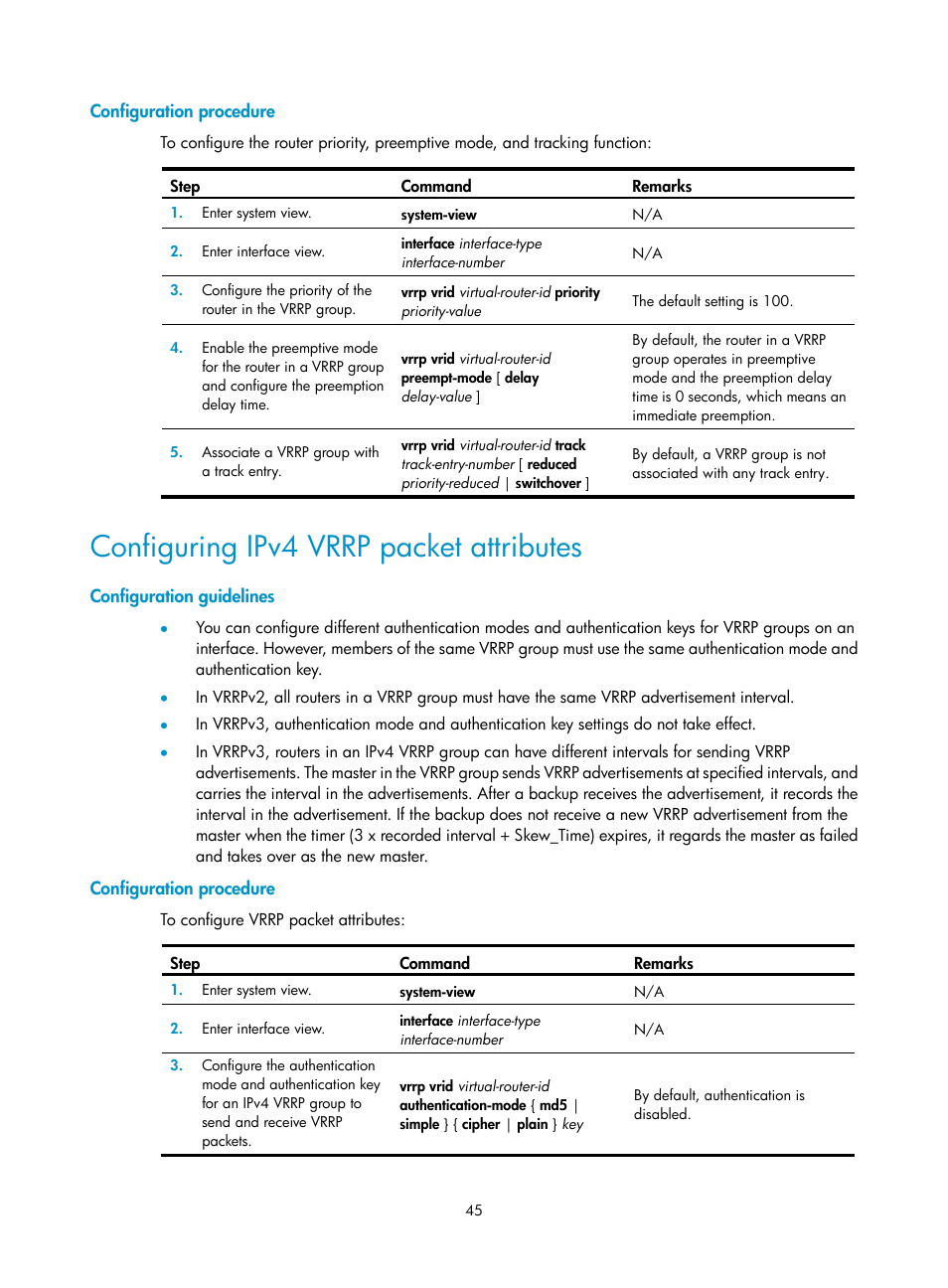 Configuration procedure, Configuring ipv4 vrrp packet attributes, Configuration guidelines | Displaying and maintaining dldp, Dldp configuration examples | H3C Technologies H3C S12500-X Series Switches User Manual | Page 53 / 120